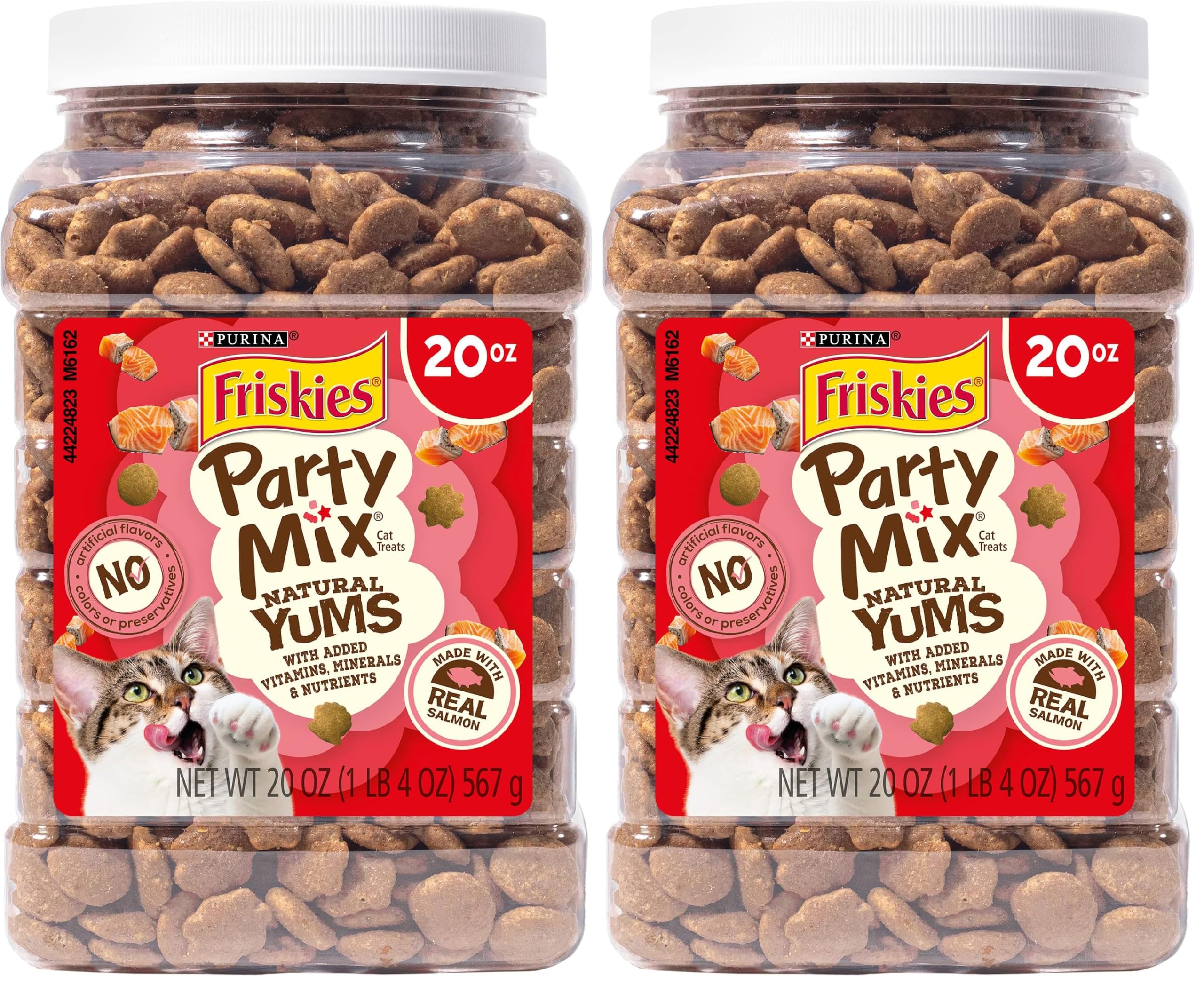 Friskies Purina Natural Cat Treats Party Mix Natural YUMS with Real Salmon and Added Vitamins, Minerals and Nutrients - 20 Oz. Canister (Pack of 2)