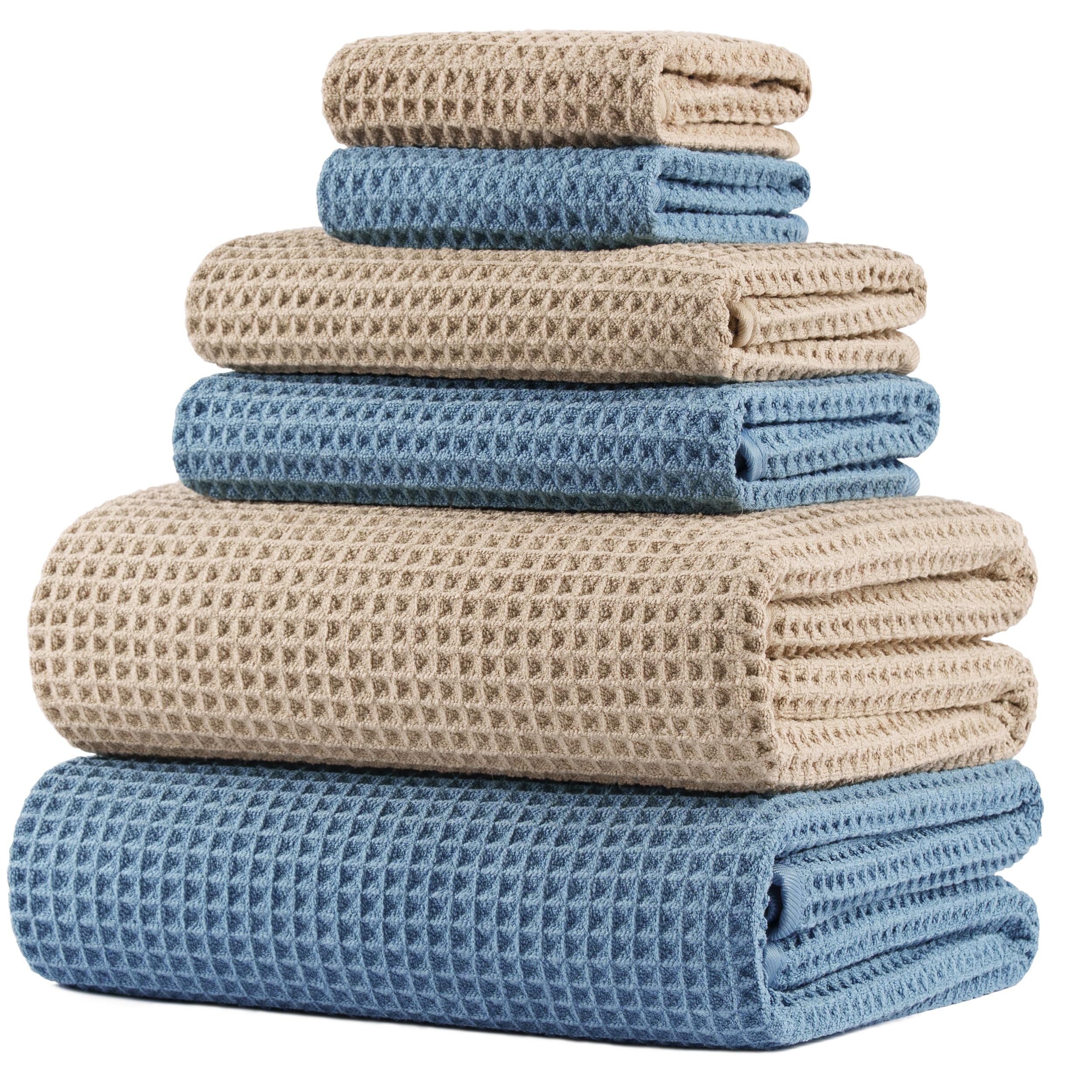 POLYTE 430 gsm Microfibre Quick Dry Lint Free Oversize Bath Towel Set, 6 Piece (Waffle Weave)