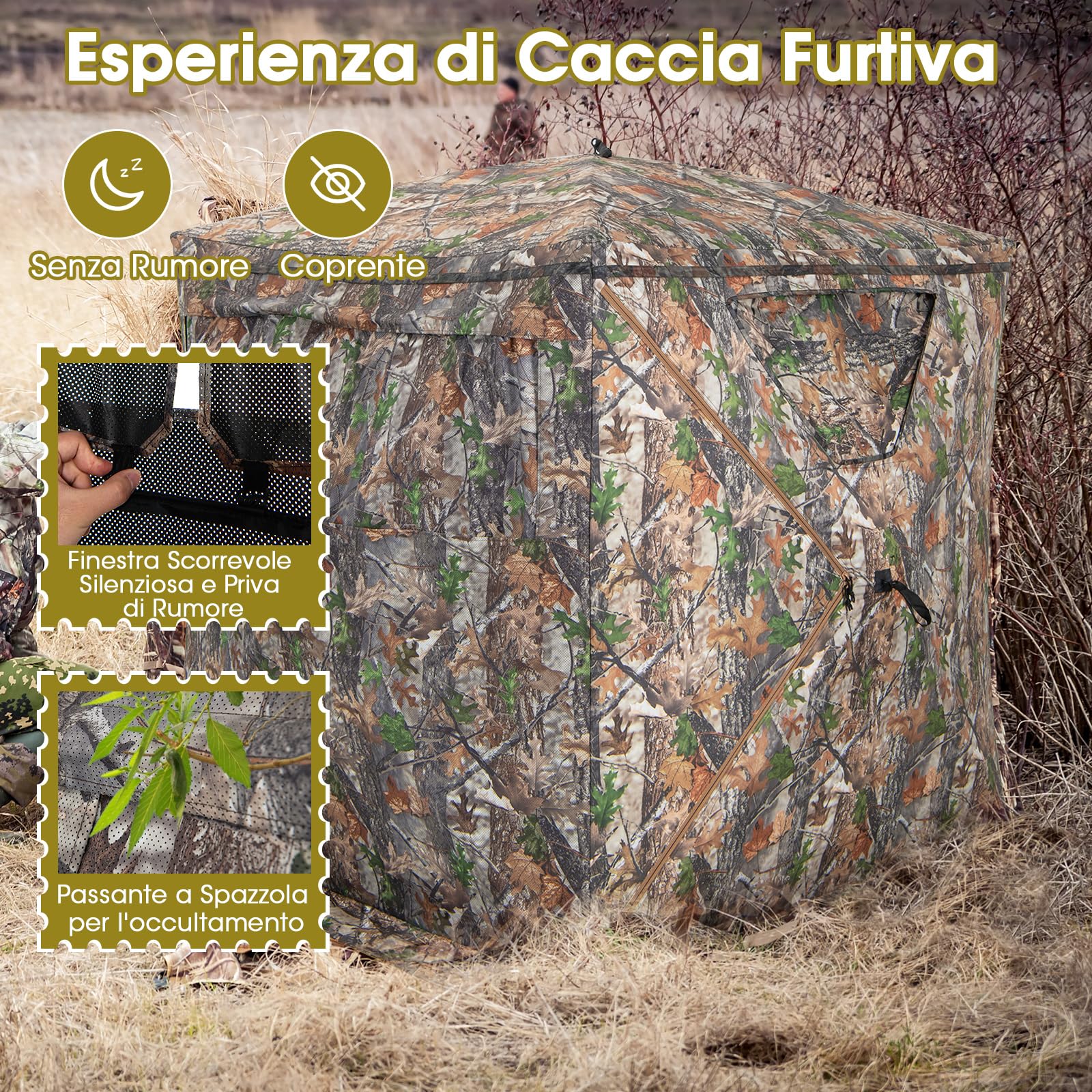COSTWAY Tenda da Caccia Portatile a 270 Gradi Trasparente, Tenda a Caccia per 2-3 Persone con Finestre Scorrevoli Silenziose, Borsa per Trasporto