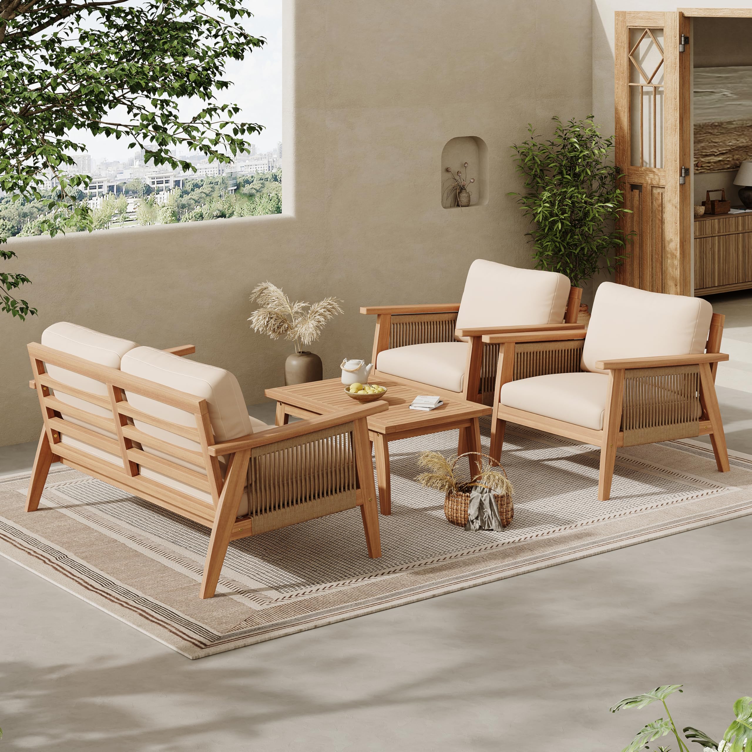 Photo 1 of ***MISSING PIECES -SELLING AS INCOMPLETE SET *** Merax Outdoor Acacia Wood & Rope Sectional Patio Set, Loveseat, Chair & Table with Water-Repellent Cushions