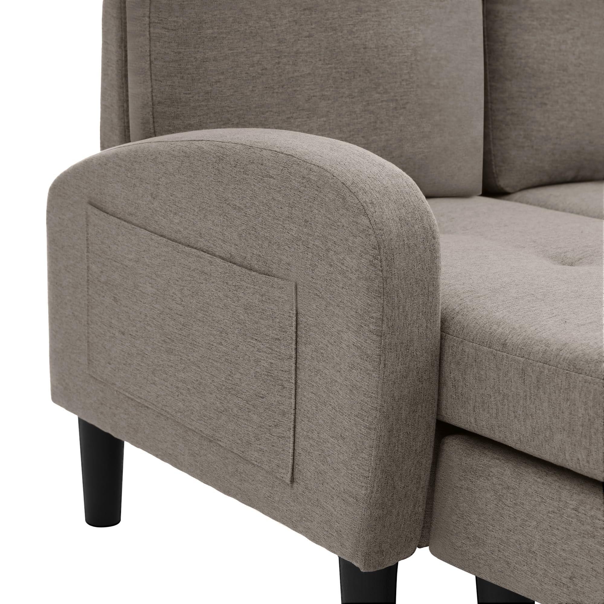 KAZZIO Sofá esquinero en forma de L con chaise longue – Sofá de 3 plazas, tela de lino de algodón transpirable, patas de plástico, diseño modular, ideal para salones, apartamentos y oficinas (gris