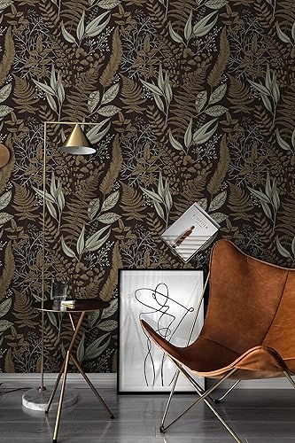 Vista 33 de Ismoon Fern Botanical - Papel tapiz adhesivo de hoja negra, 16.1 x 196 pulgadas Marrón claro