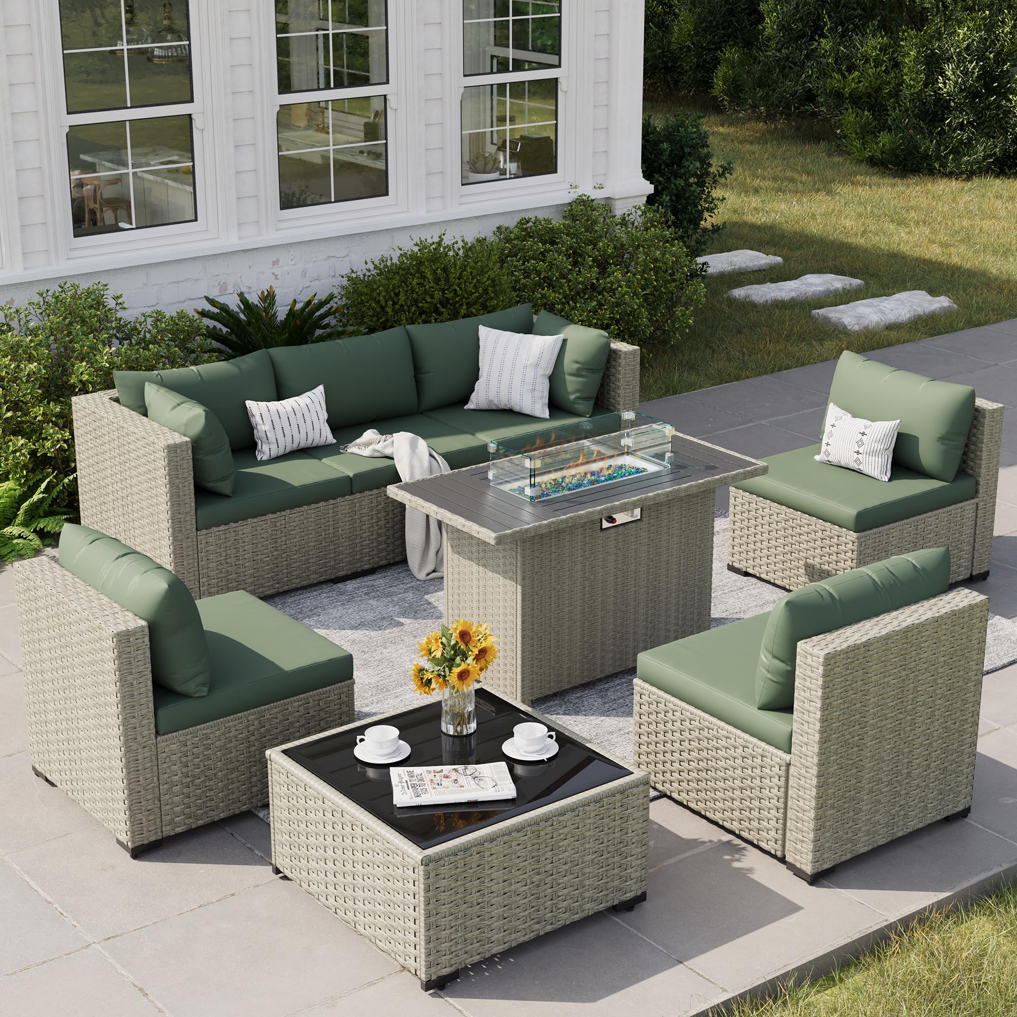 8 Piece Patio Furniture Set with 44" Fire Pit Table, Outdoor Sectional Wicker Rattan Sofa Set with Coffee Table (Green/Grey)
