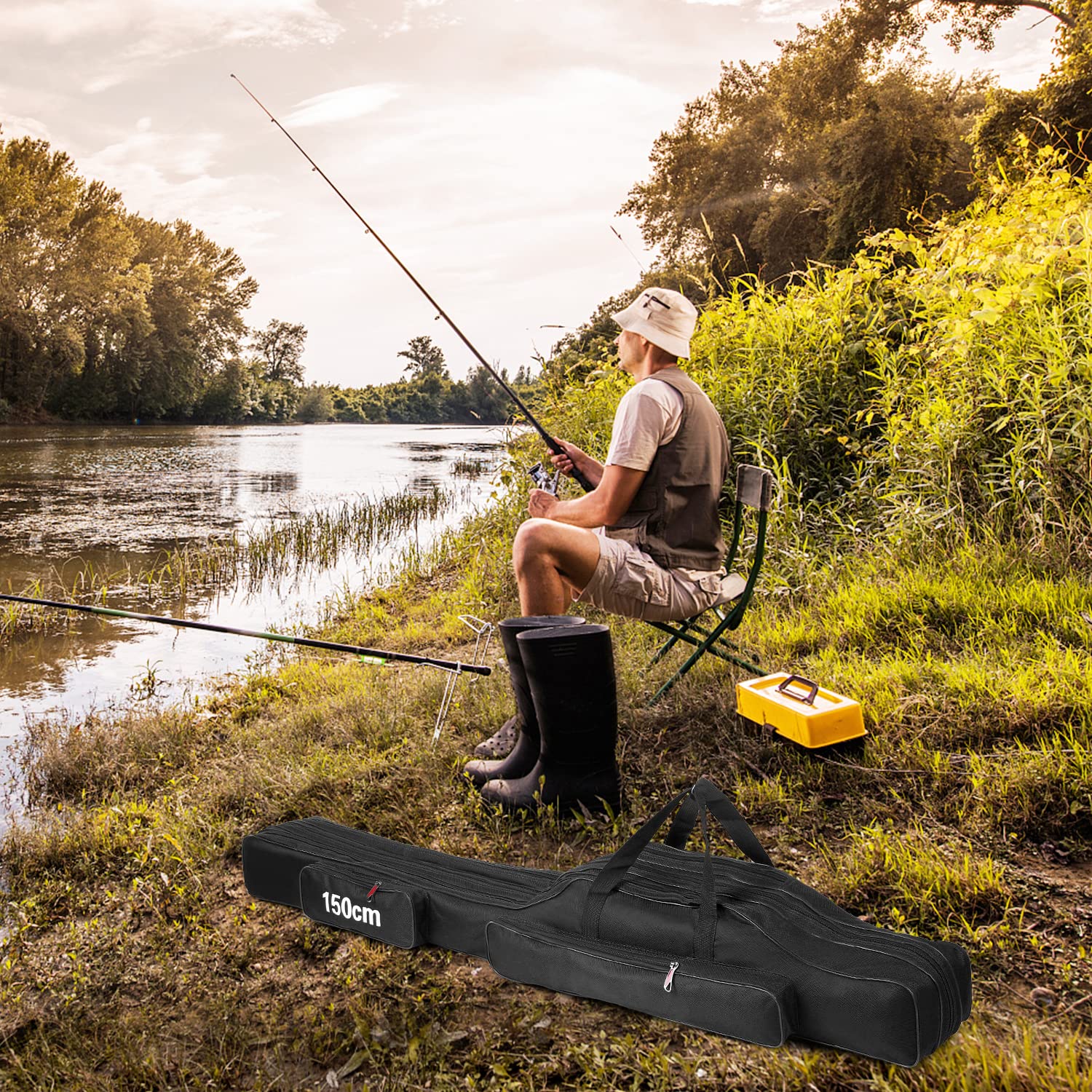 Borsa per Canna da Pesca a 3 Strati Borsa per Asta Pieghevole Portatile Custodia per Custodia per Mulinello da Pesca