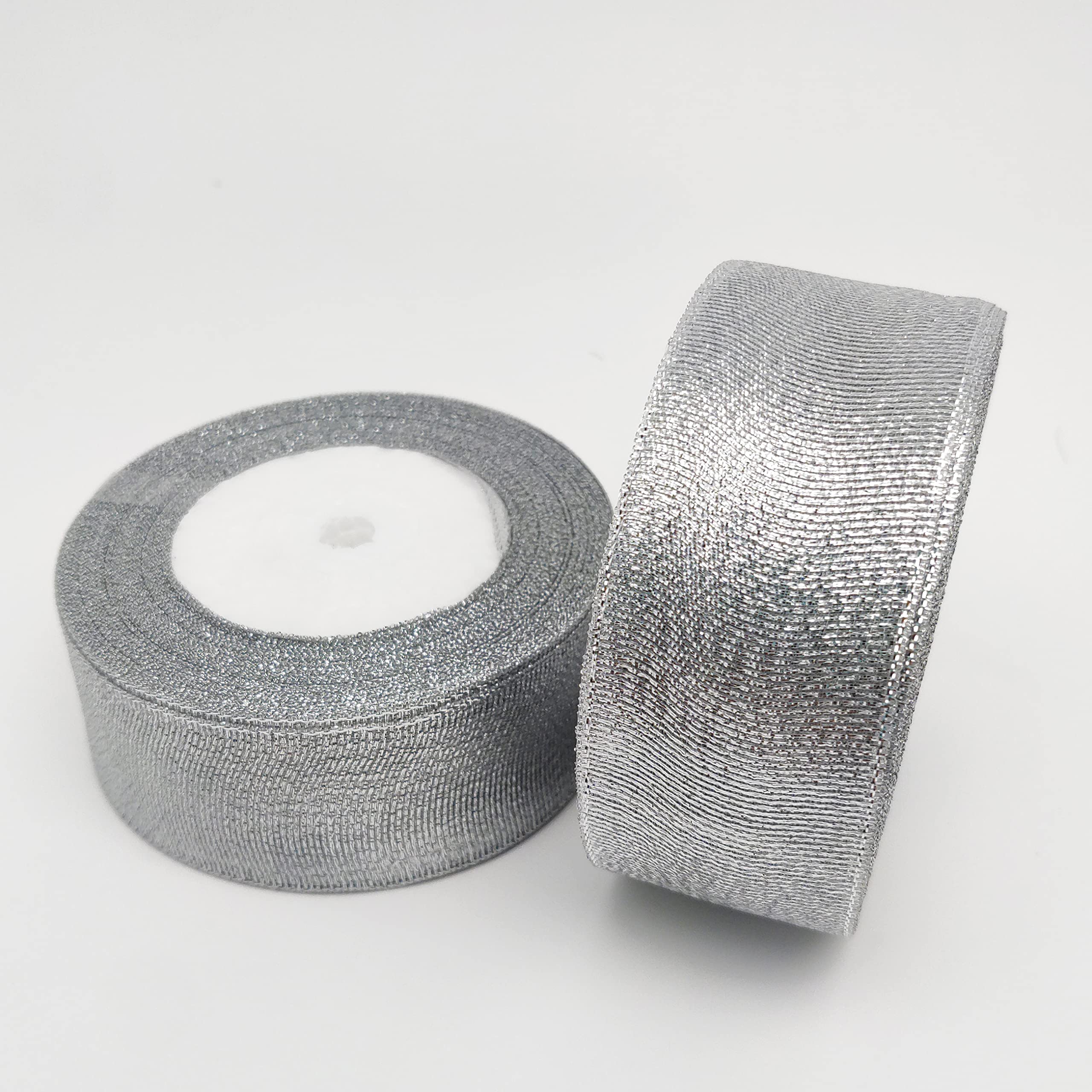 2 Roll Metallic Silver Organza Ribbon - 40mm X 22 Meters,Decorative Ribbon for Gift Wrapping Card Making, Crafts and Scrapbooking