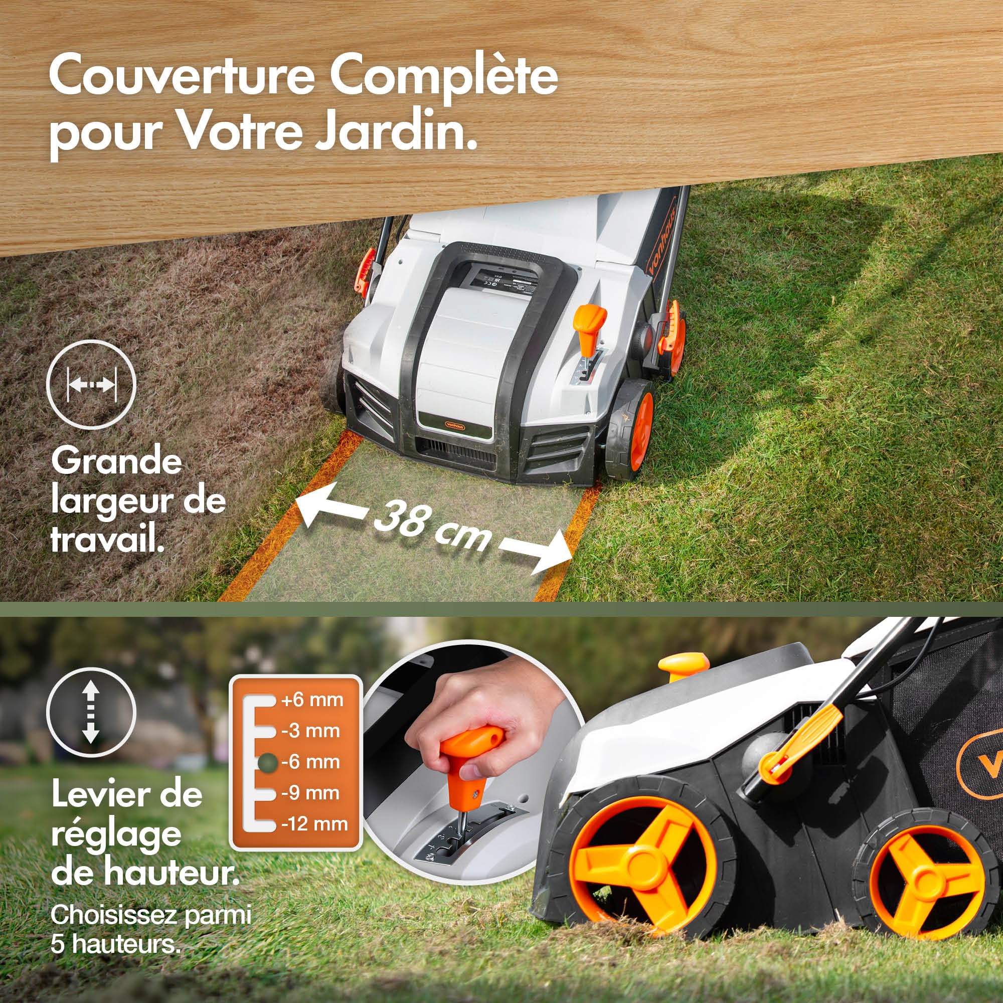 VonHaus Scarificateur/Aérateur/Râteau Électrique 1800W – Pour Scarification Et Râtelage Du Gazon, Élimine Feutre, Mousse Et Feuilles, Aère Le Sol, Bac De Ramassage 55L, 5 Hauteurs, Largeur 38cm