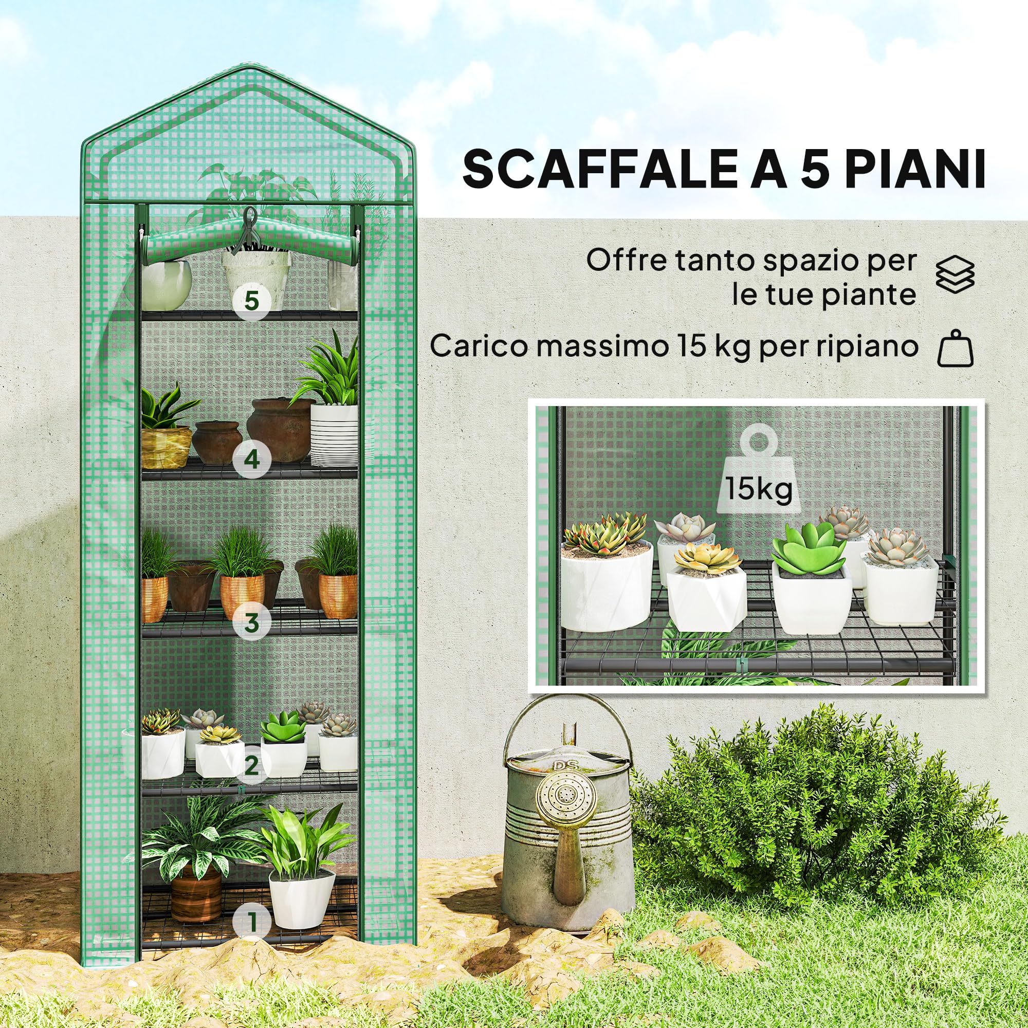 Outsunny Serra da Balcone a 5 Livelli con Porta Avvolgibile, Serra per Orto con Struttura in Acciaio e Copertura PE, per Piante Orto Verdure Fiori Frutta, 69x49x193 cm, Verde