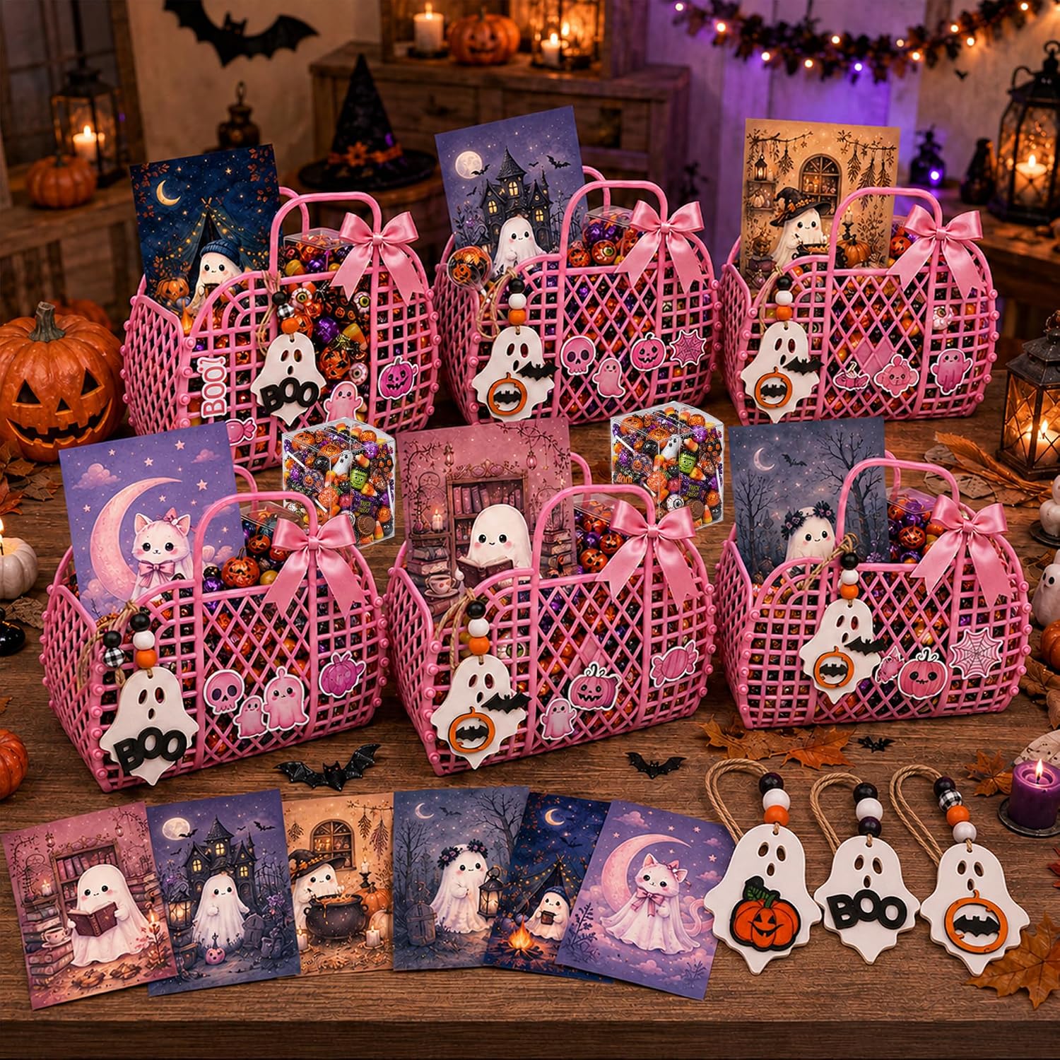 6 Pcs Halloween Trick or Treat Basket Kit, DIY Gift Basket with Handles image 4