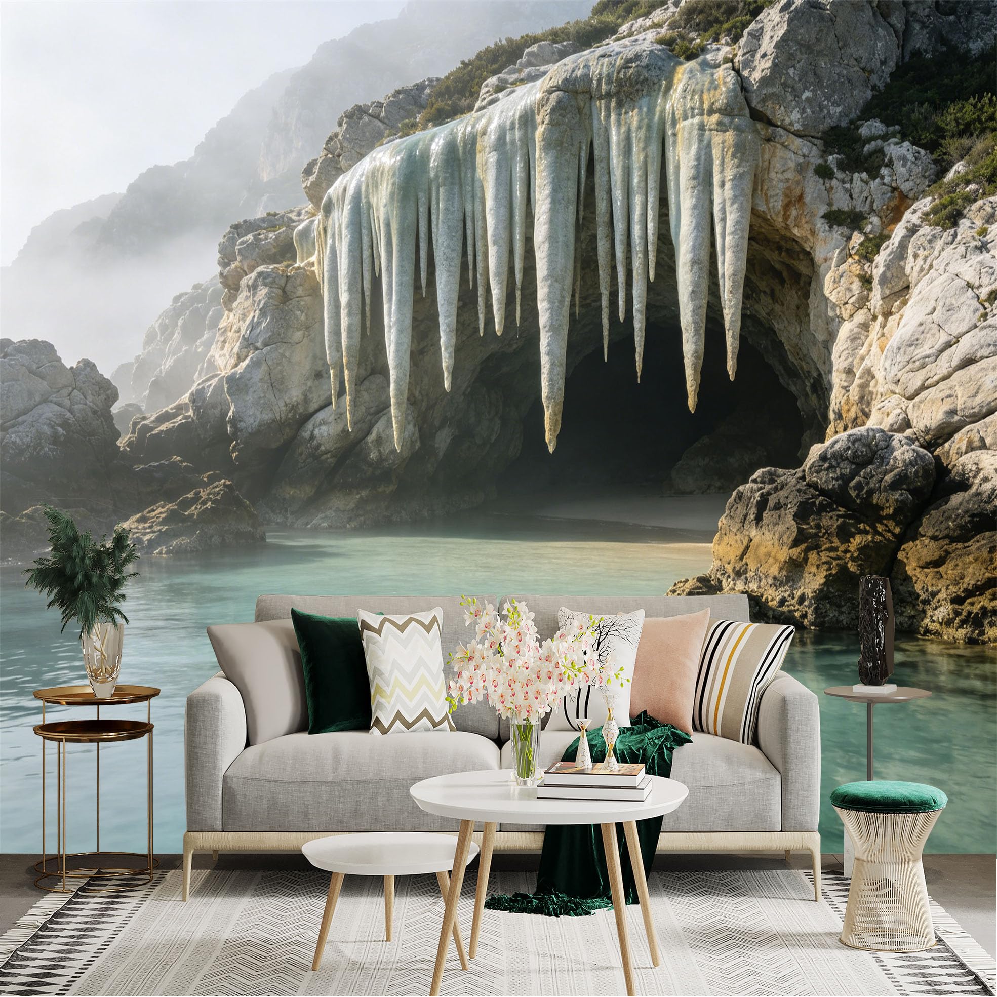 Lnzczhyre Dbh260521259 Custom Size Wall Sticker Mural， Natural Coastal Sea Cave With Large Stalactites， Clear Turquoise Water And Misty Rocky Cliff， For Wall Decoration， Peelandstick Wall Decals.