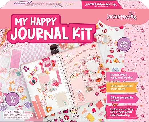 jackinthebox DIY Journal for Girls Ages 8-12, 242 pcs, Journaling kit, Tween Scrapbook, Includes 10 Mental Health Exercises, Girls Diary 8 9 10 11 12 Years