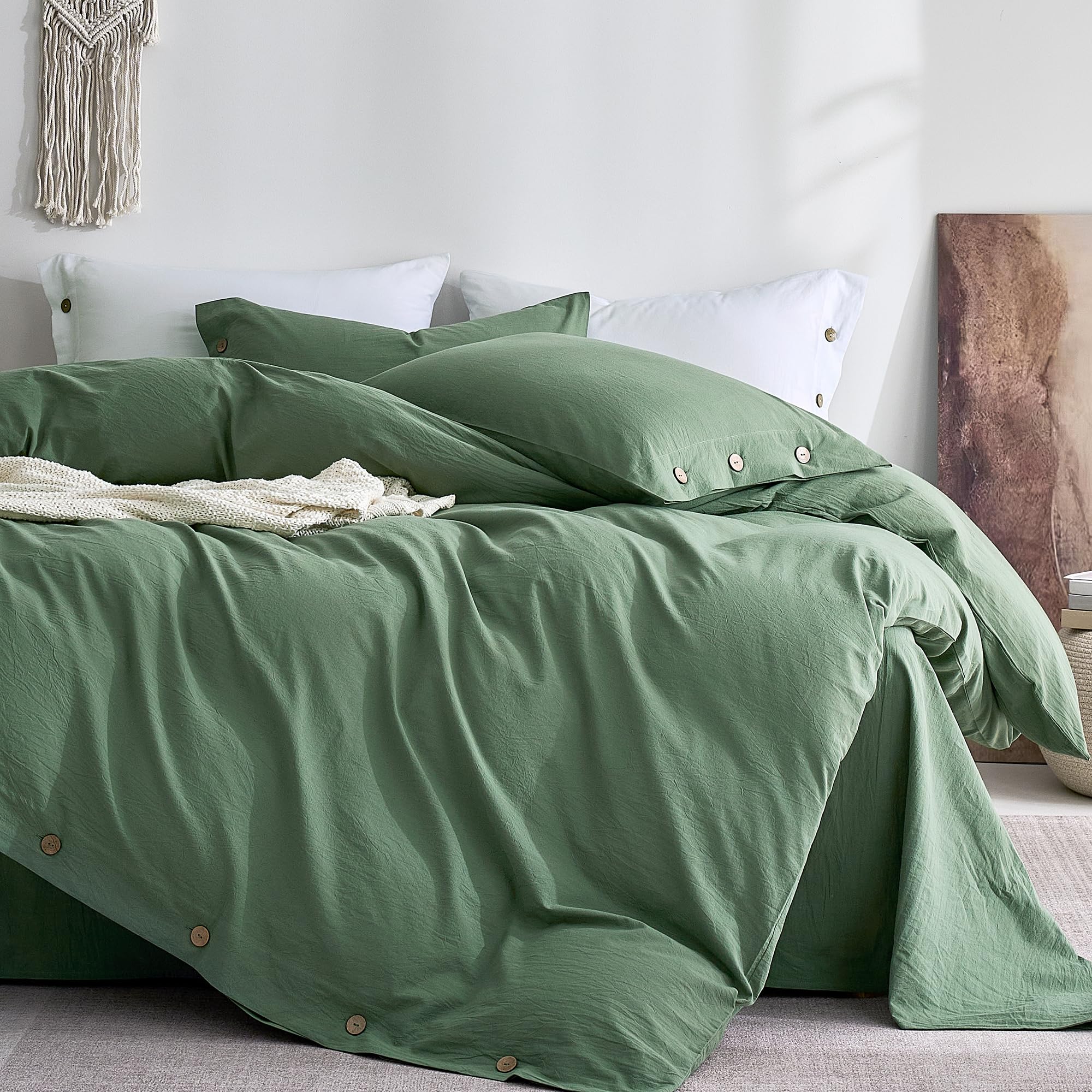 JELLYMONI 100% Washed Cotton Dusty Green Duvet Cover King, Linen-Like