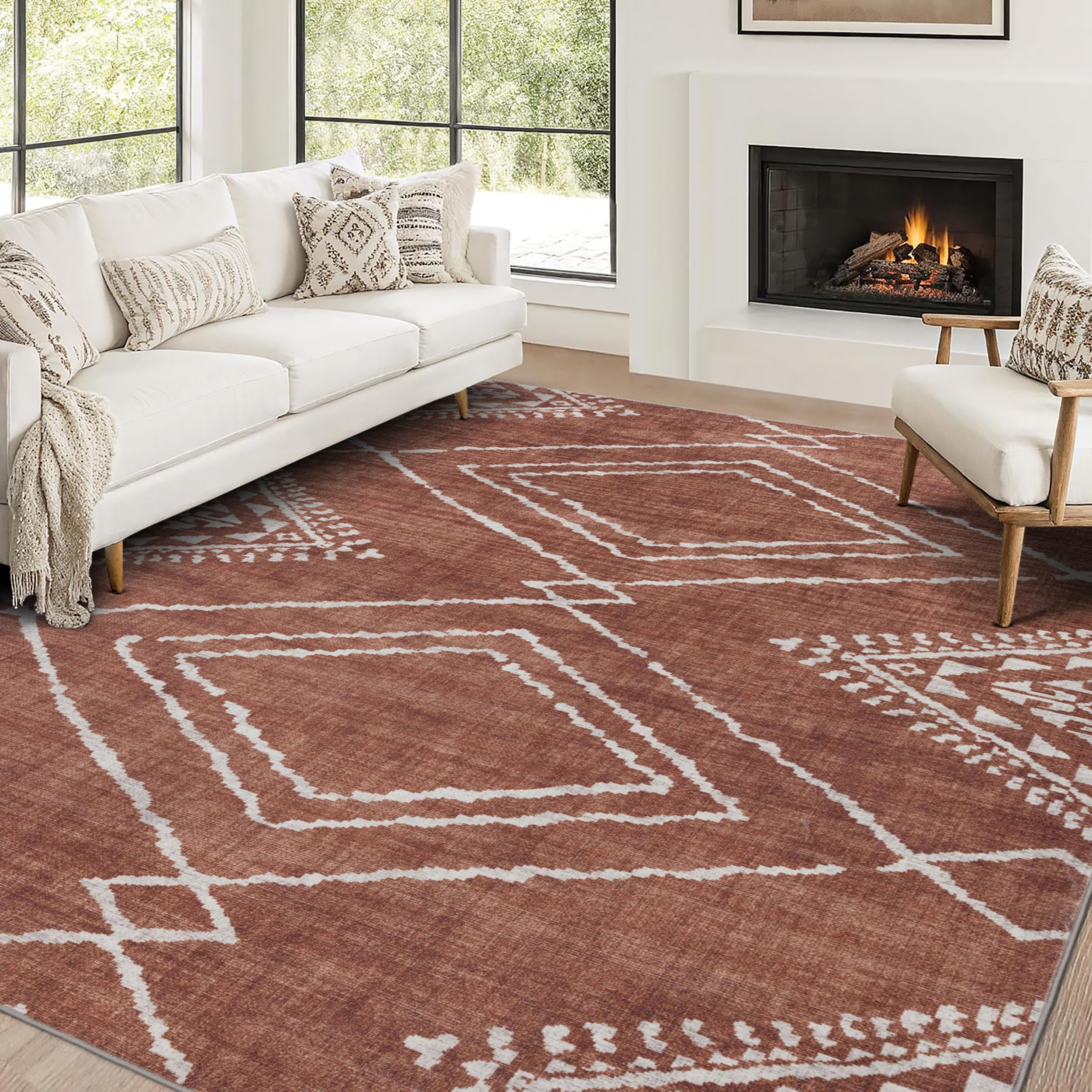 ReaLife maschinenwaschbarer Teppich – schmutzabweisend, familien- und haustierfreundlich – aus hochwertigen recycelten Fasern – marokkanischer Diamant – Orange, 91 x 152 cm
