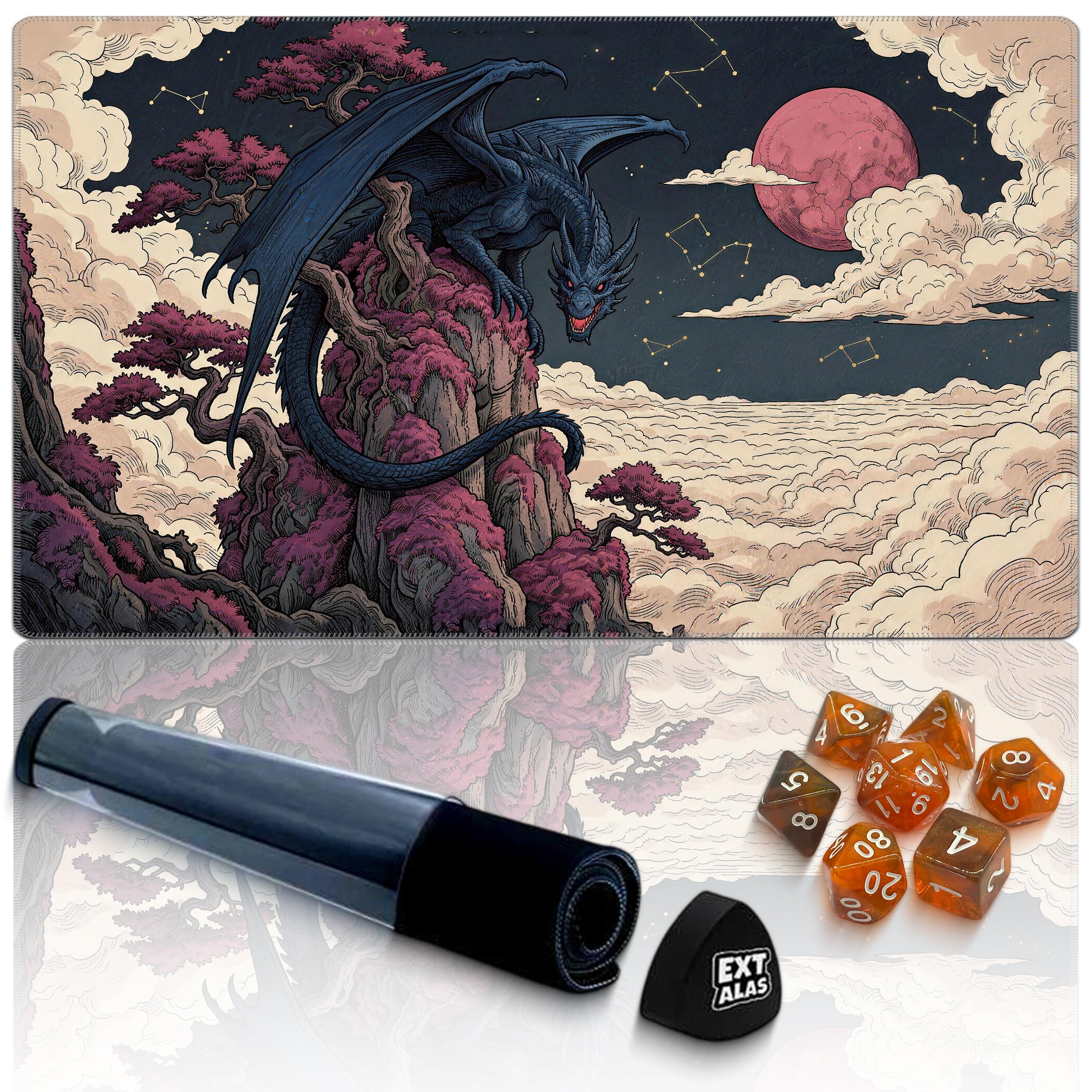 Extalas MTG Playmat with Storage Tube & 7-Dice Set - Waterproof TCG Playmat with Stitched Edges, Non-Slip Rubber Card Game Mat (24"x14") (playmat Without Zones, Red Cliff Dragon) โ image 1