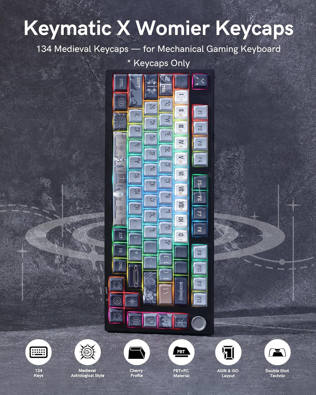 Keymatic Keycaps, PBT Keycap Medieval Roman Style 60 65 75 100 Percent, 134 Keys Set Custom Key caps Set Cherry Profile,for 61/68/84/87/98/100 Cherry Gateron MX Mechanical(Only Keycap Set)