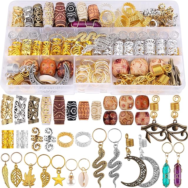 EBANKU 184pcs Hair Jewelry for Braids, Dreadlocks Hair Jewelry for Braids, Jewelry Aluminum Hair Coils, Moon Snake Leaf Braid Clips, Ancient Gold Metal Pendant Wooden Beads Braid Accessories