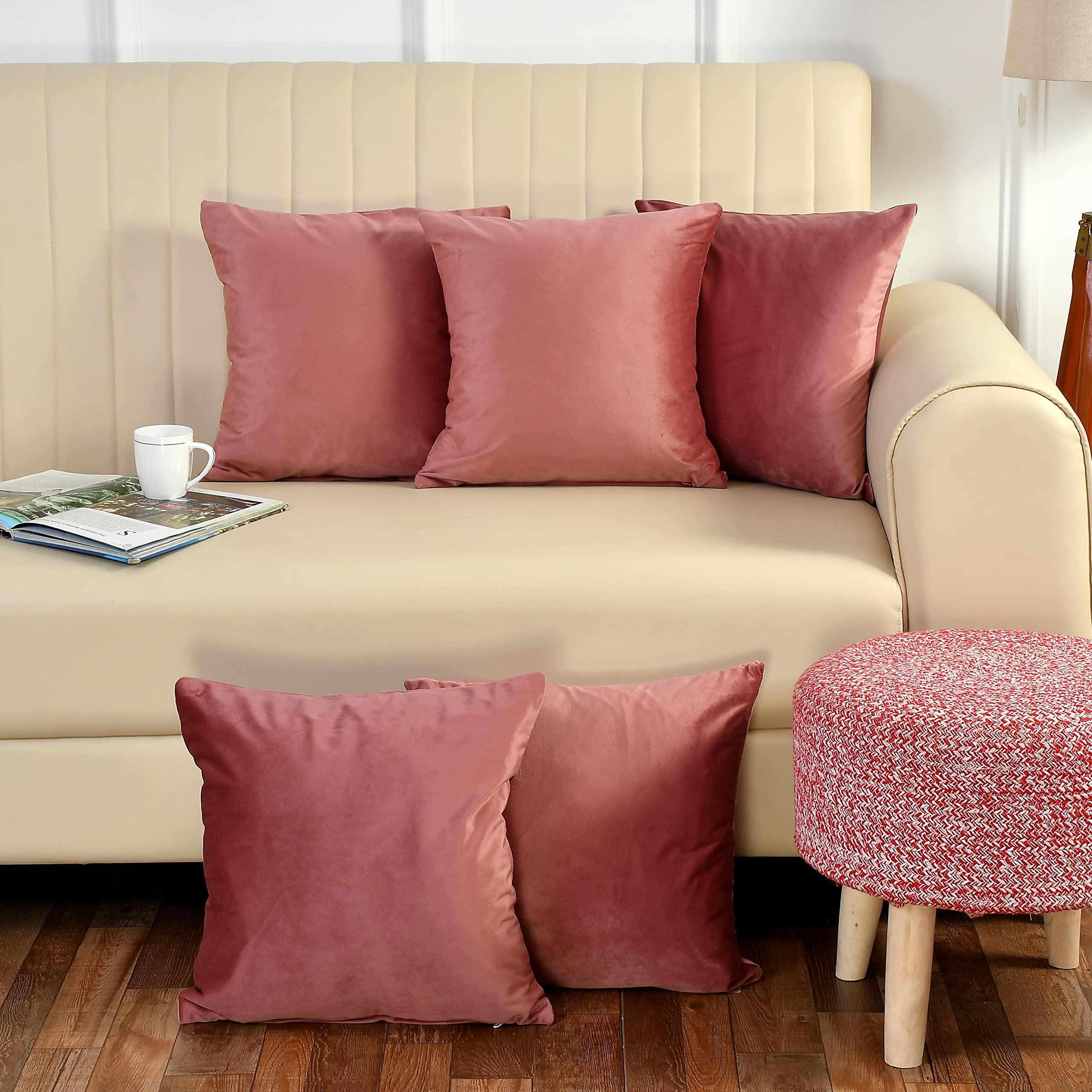 Velvet Throw Pillow Cover 250 TC Solid Plain Cushion Covers Set of 5 for Sofa Couch Bed Chair (16 X 16 Inch) Rose Pink-image-7