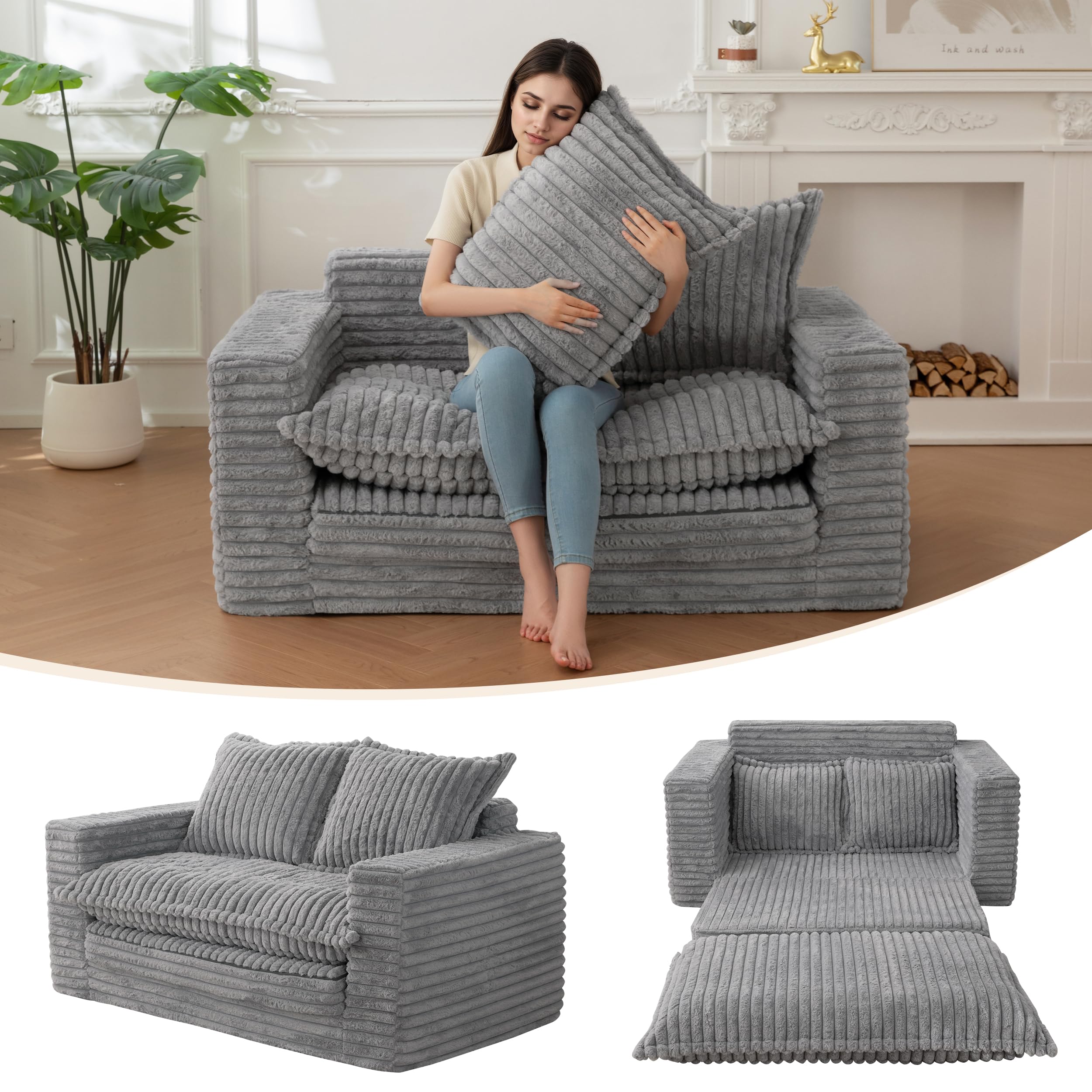 Loveseat Sleeper Sofa, Convertible Sofa Bed Couch Futon Couches for Living Room, 3-in-1 Pull Out Floor Couch with Washable Cushion and Pillows, Dark Grey
