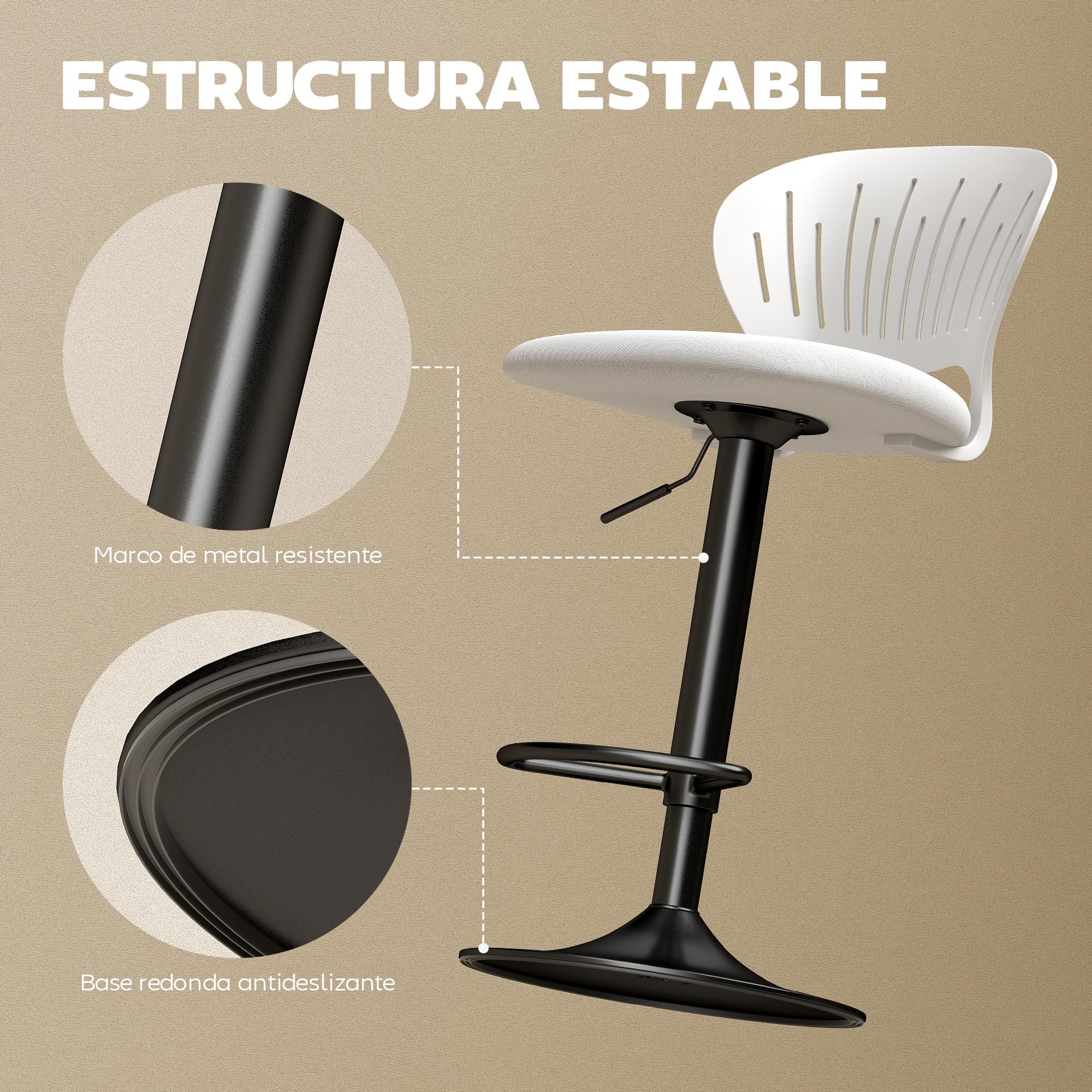 HOMCOM Juego de 2 Taburetes Altos de Cocina Giratorios en 360°, Taburetes de Bar Regulables en Altura de 84-105 cm, Respaldo Hueco, Reposapiés, para Comedor, Mostrador, Blanco