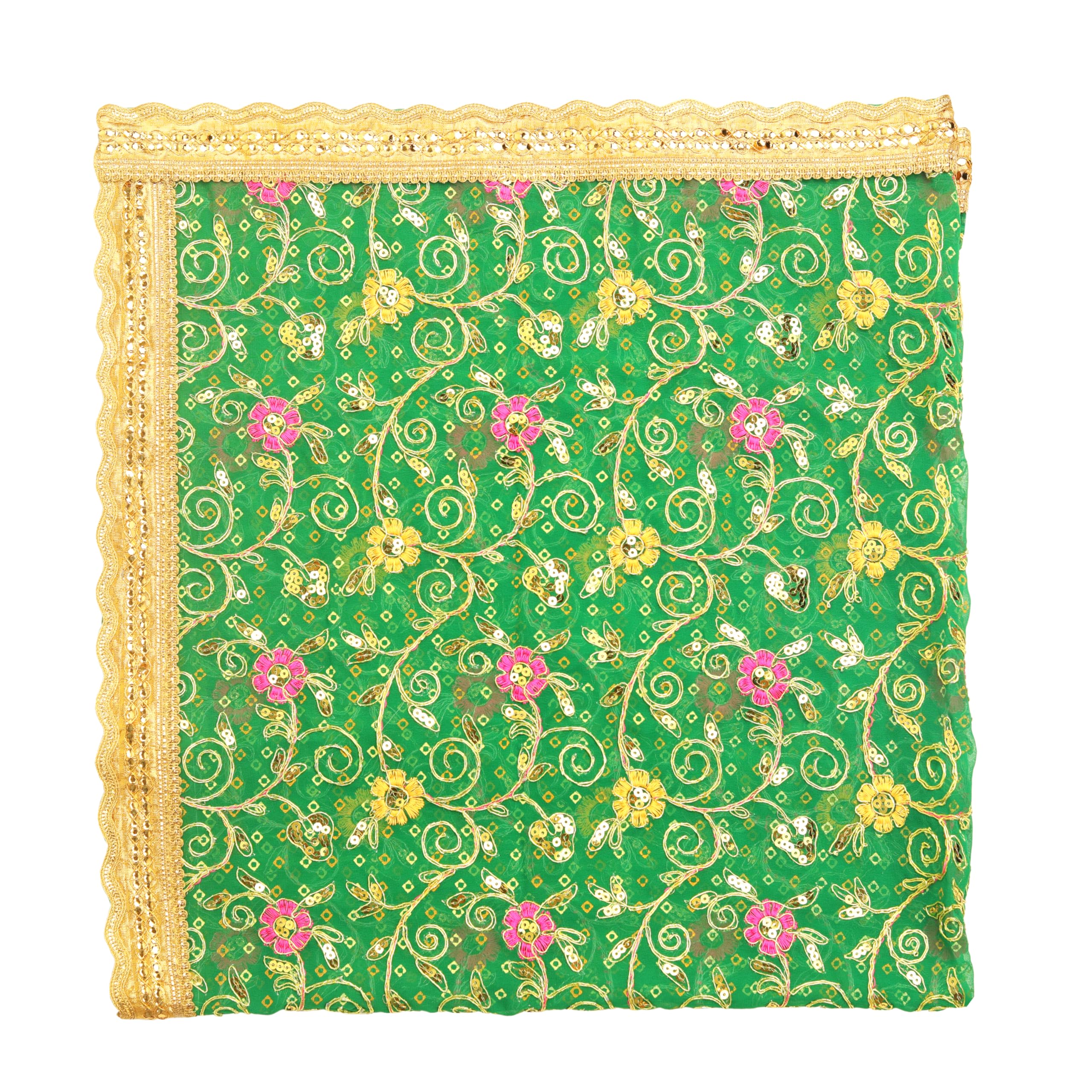 Aditri CreationDecorative Mat Aasan Chunari Backdrop Artificial Silk Pooja Cloth Chunari(Size:- 38 Inches x 36 Inches) Chunni Indian Traditional Festival MATA Ki Chunri for New Year Statue Chowki Aasan Mat(Green)