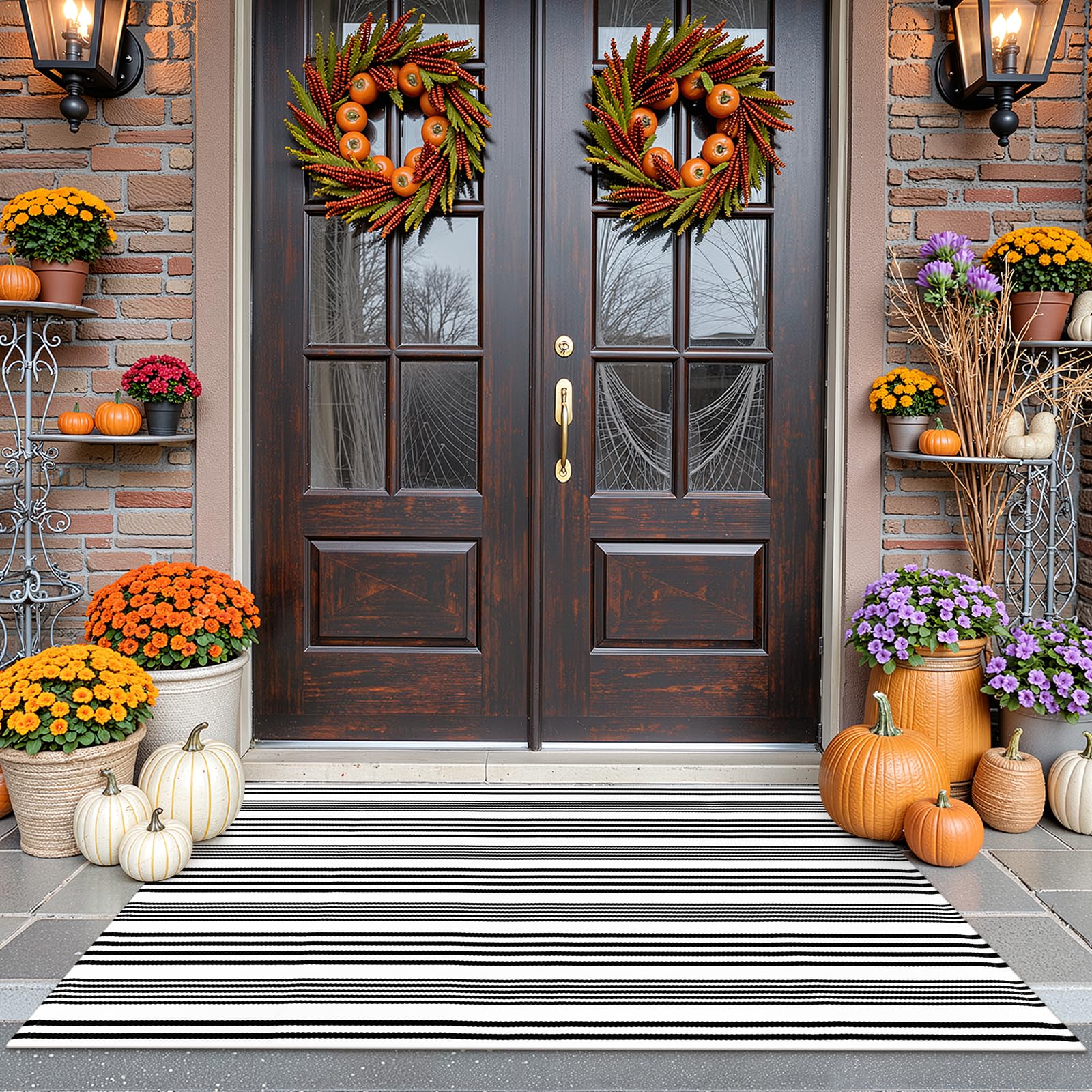 Black and White Striped Outdoor Rug, 3’x5’ Cotton Modern Front Porch Door Mat Hand-Woven Reversible Patio Rug Washable Layered Doorway Carpet for