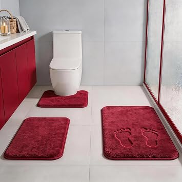 RUN HELIX Bathroom Rugs Sets 3 Piece, Soft Absorbent Memory Foam Bath Mats Set, Dry Fast Bath Mat, Machine Washable Bath Rug Set for Bathroom Christmas Red Bathrom Decoration