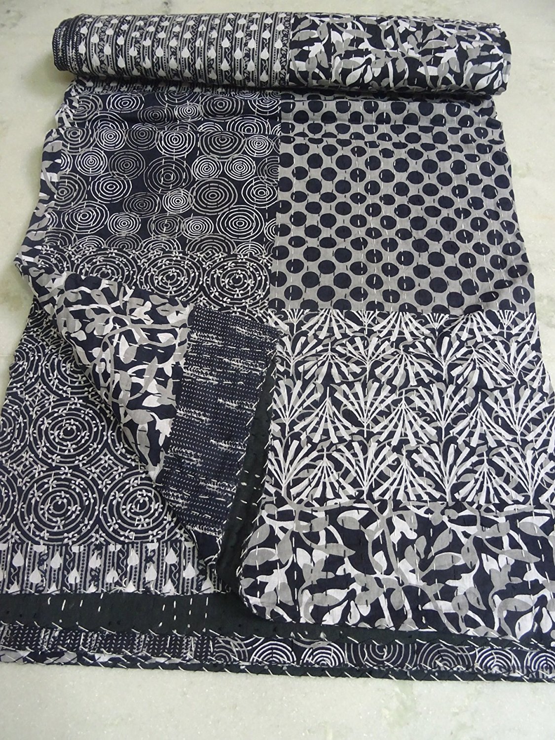 Sophia-Art Indian Kantha Suzani Print Quilt Vintage Hand Block Printed Kantha Quilt, Patchwork Cotton Bedspread, Made (Multi)