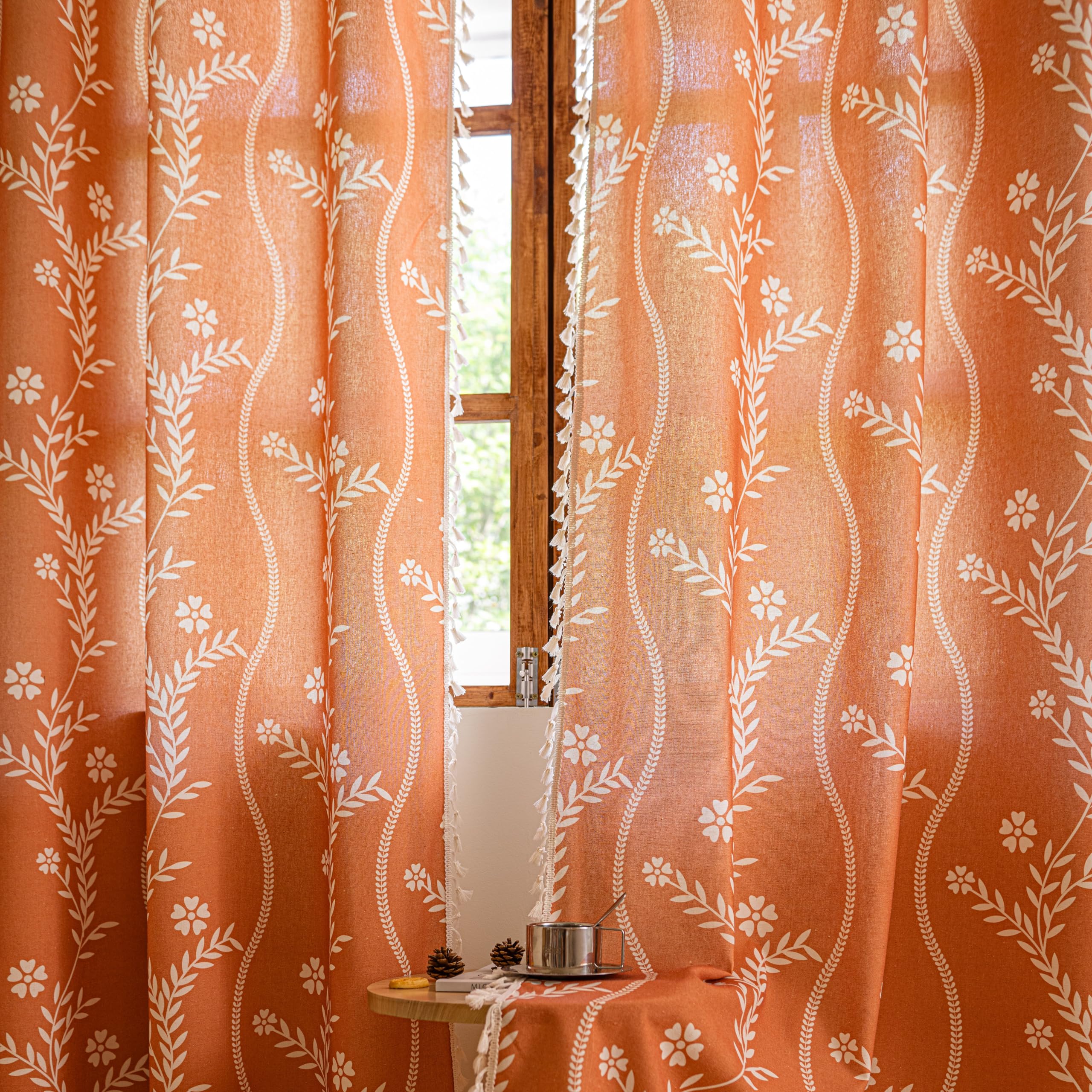 Sutuo Home Boho Curtains 2 Panels for Living Room Bedroom 96 inches Long, Bohemian Orange Floral Print Halloween Decor Tassels Light-Filtering Linen Drape Window Treatment 52" W x 96" L,Terracotta