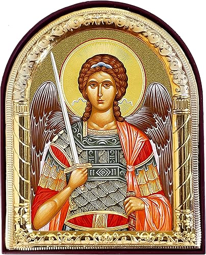 Needzo Arcángel San Miguel el icono del defensor arqueado, San Miguel con soporte y es colgante de pared 4 1/16 pulgadas