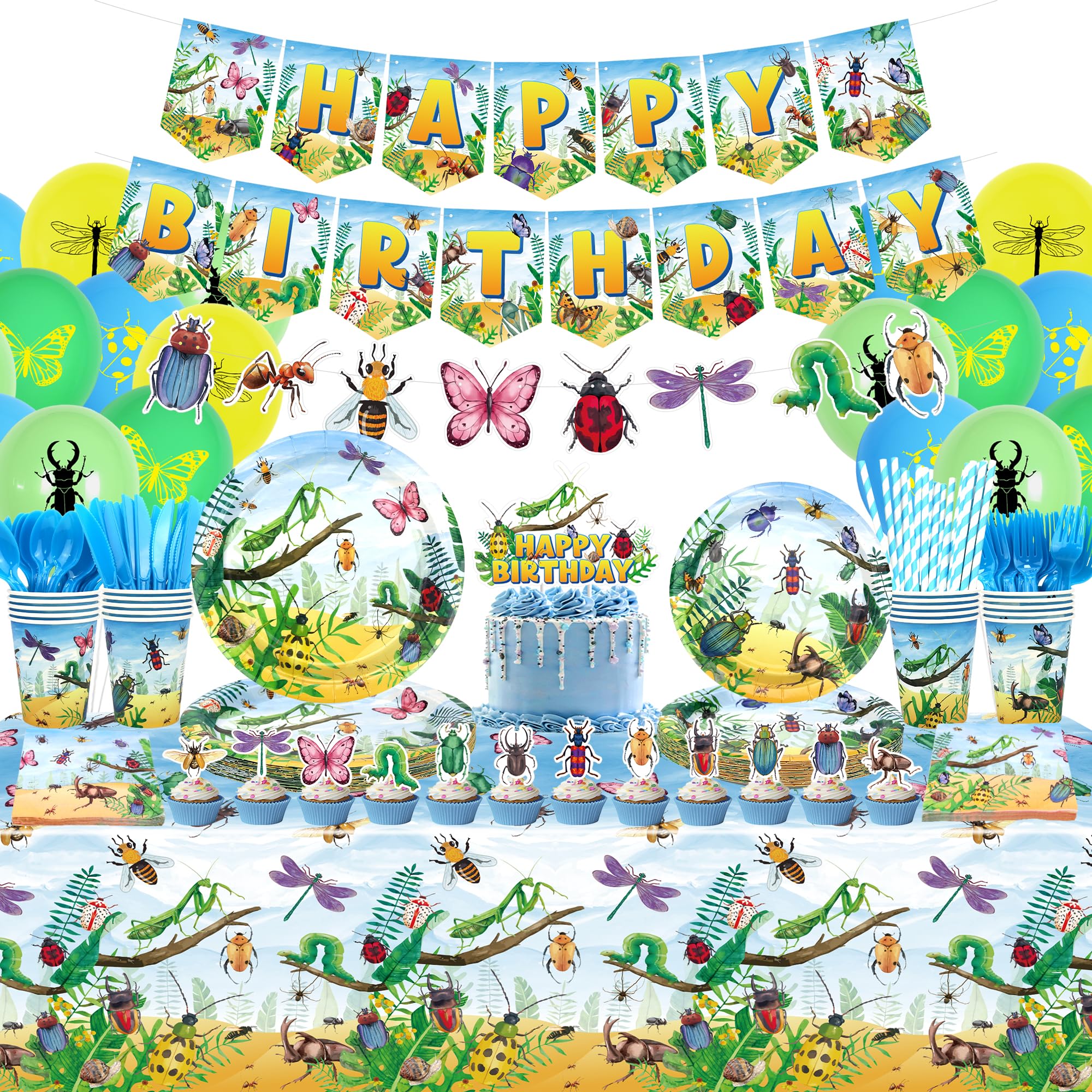 Bugs Birthday Party Decorations - Insect Party Supplies, Plates Cups Napkins Tablecloth Cutlery Happy Birthday Banner Balloon Cake Toppers for Class