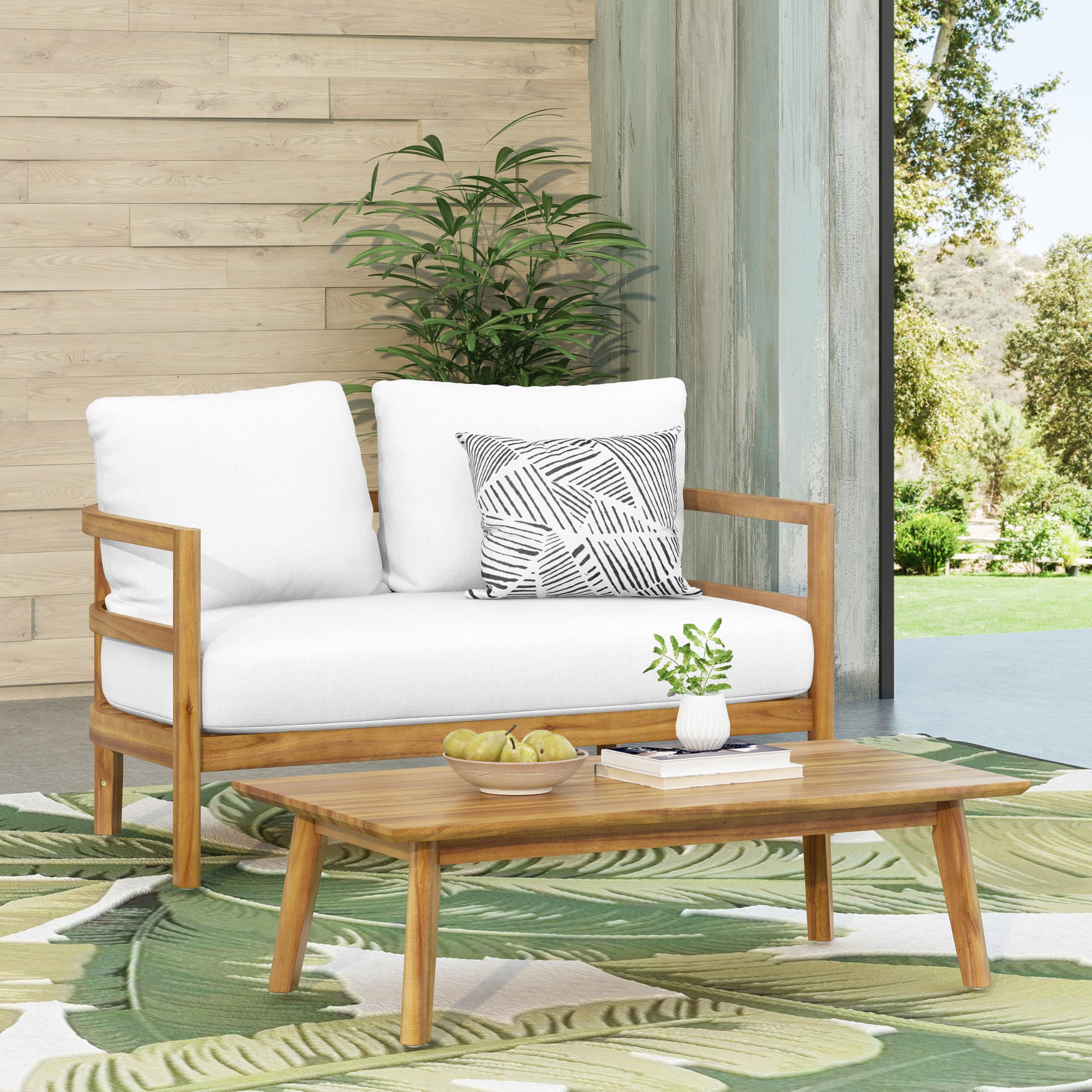 Merax Outdoor Patio Set - Acacia Wood Loveseat & Table
