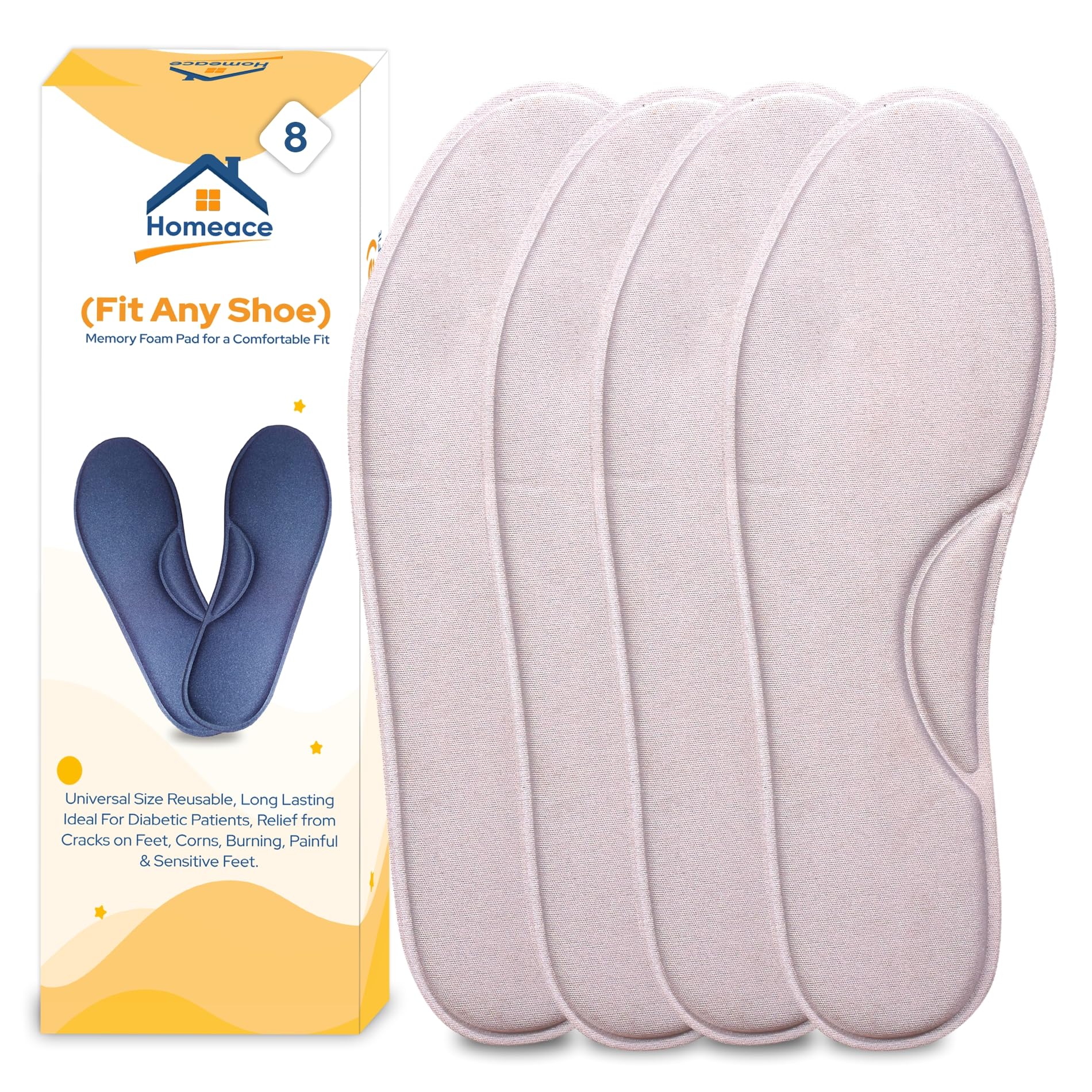 HomeaceHomeace Memory Foam Insoles for Men - Superior Comfort, Heel Support, and Pressure Relief | Enhanced Cushioning, Lightweight, and Washable | Extra Cushion | 2 Pair (8 Gray)