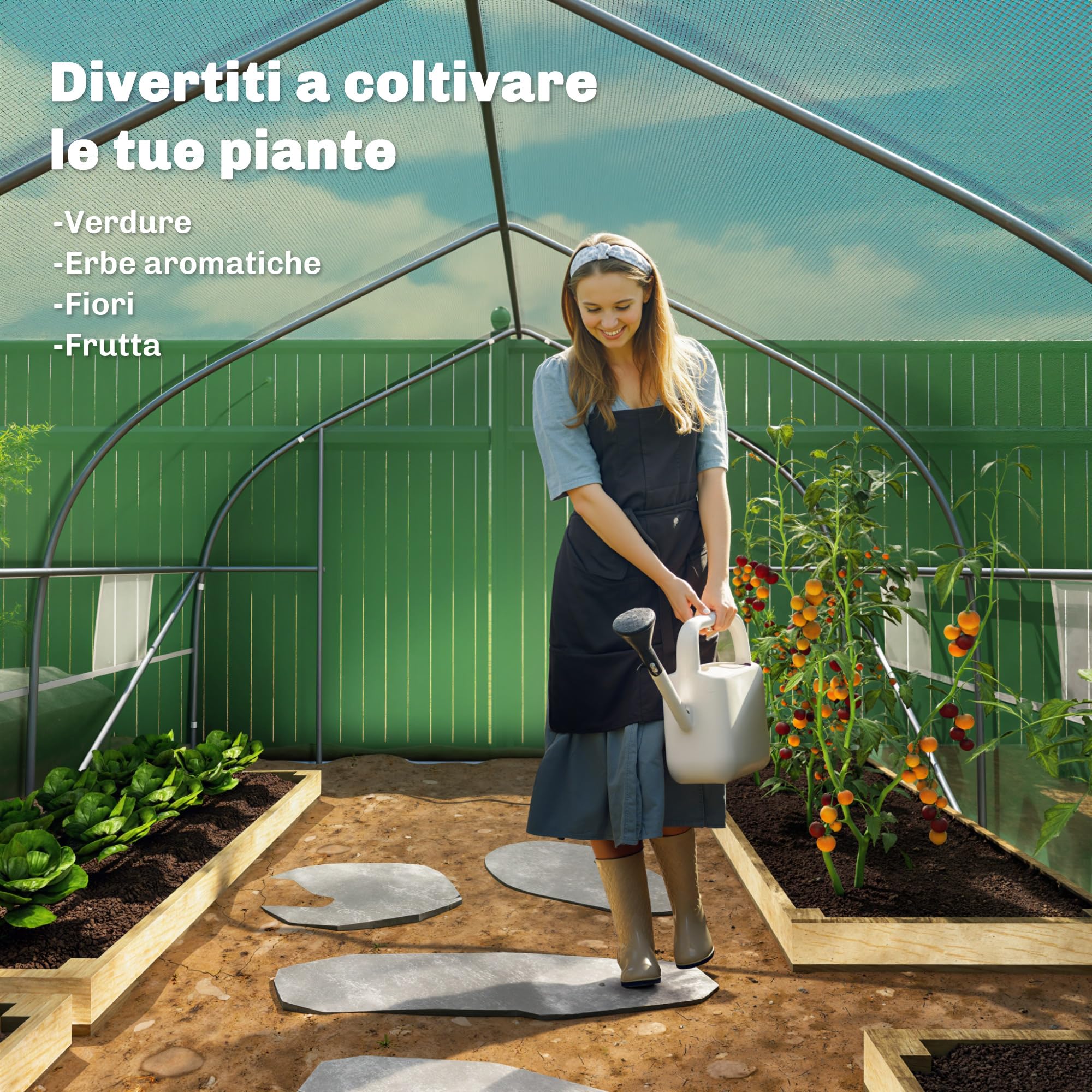 Outsunny Serra da Giardino a Tunnel 8x3x2 m con Porta Avvolgibile, Serra per Orto a Punta con 12 Finestre, Copertura in PE e Struttura in Acciaio, Verde