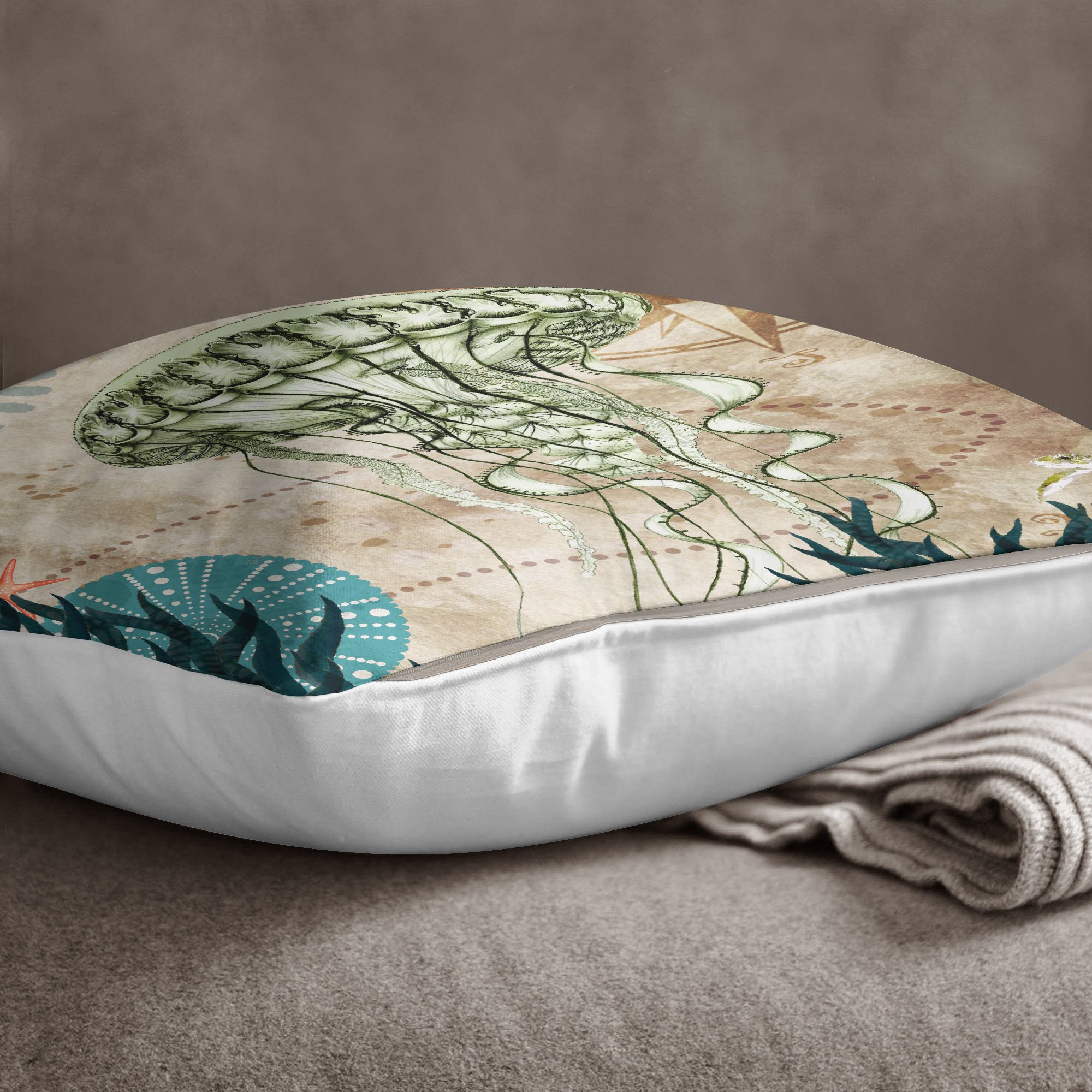 Federa Cuscino S4Sassy Con Pesce Rosso Stile Mediterraneo - Scegli Tessuto (Raso O Tela) E Misura, Beige - 2