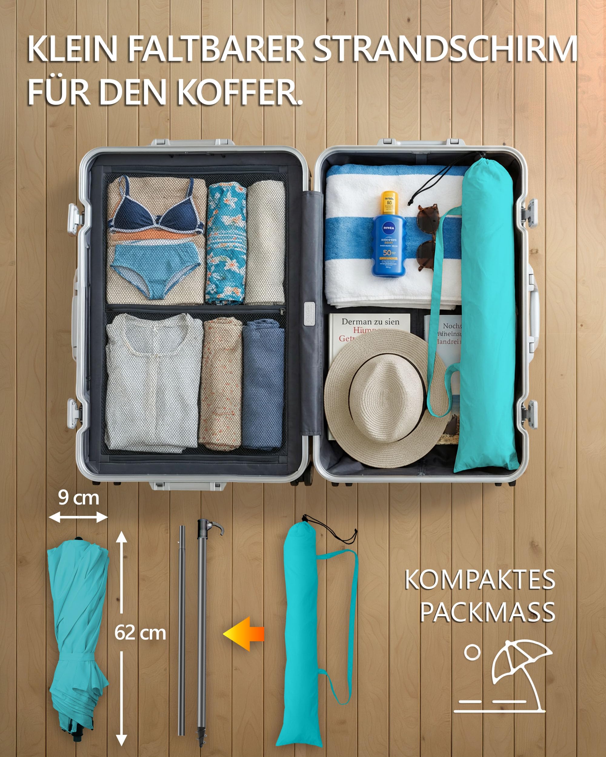 4smile Sonnenschirm Strand Ø 160 cm, UPF 50+, Fb. Türkis | Praktischer Reise Sonnenschirm für Koffer - Funktioneller Strandschirm klein faltbar, kompakter Strandschirm koffertauglich
