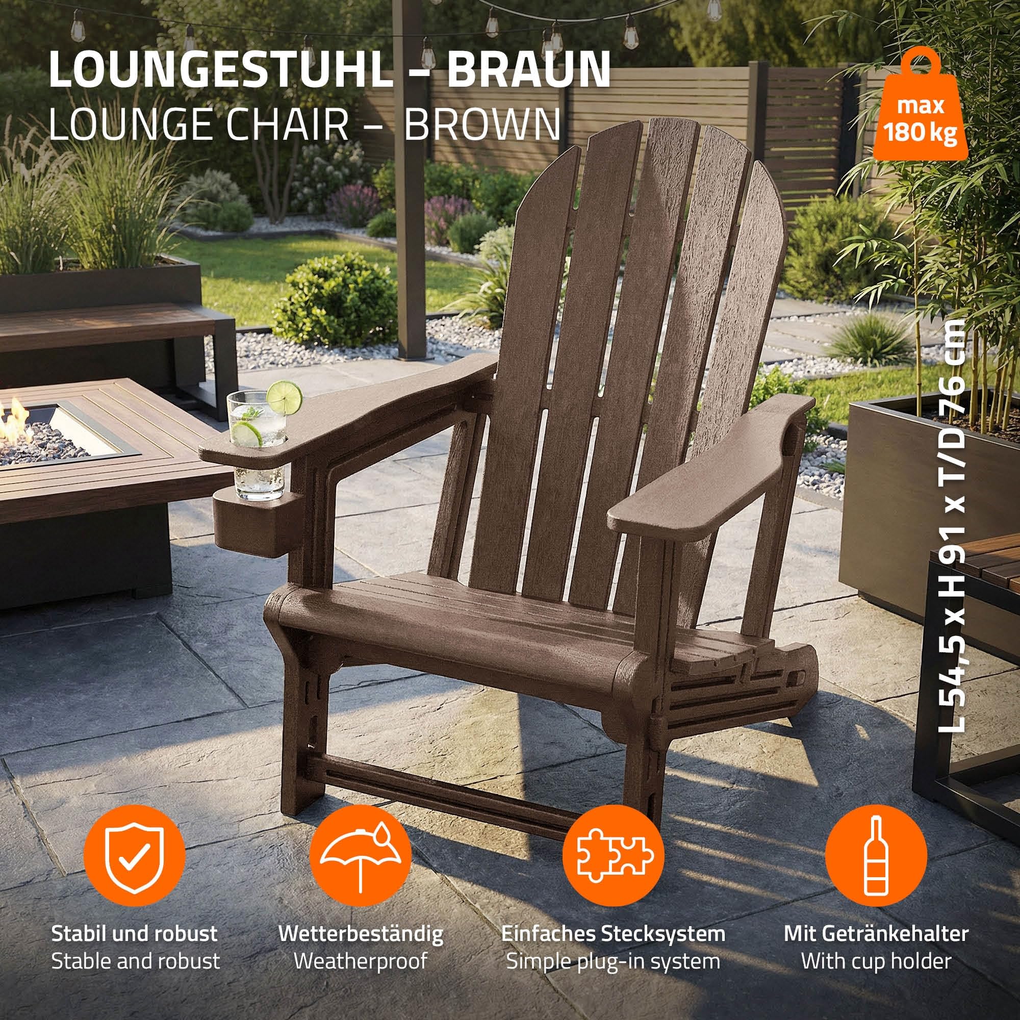 ML-Design Chaise Adirondack Marron avec Porte-Gobelet Intégré, Siège de Jardin en Plastique HDPE Aspect Bois, Résistant aux Intempéries, Montage Facile, Fauteuil Extérieur pour Terrasse Patio Balcon