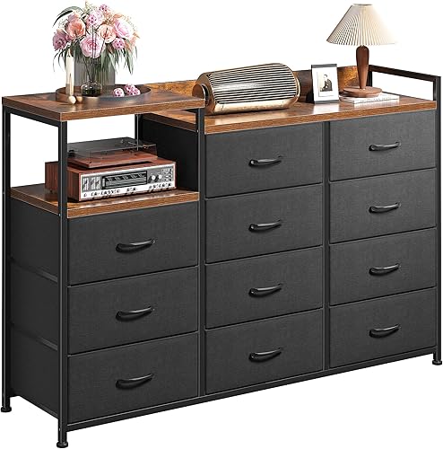 Miniatura 9 de EnHomee - Cómoda para dormitorio con 9 cajones, cómodas con 2 estantes abiertos, cómodas de tela y baúles de cajones para dormitorio, marco de metal