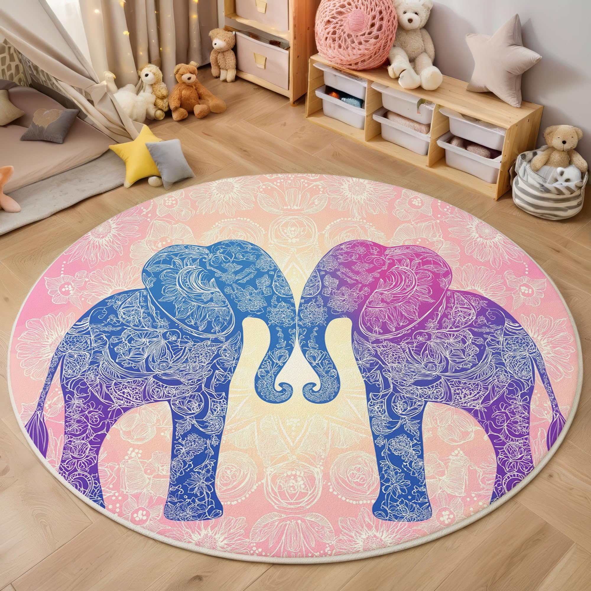 Mandala Elefante Rond Tapis De Décoration, Boho Retrò Tapis Rond Lavable en Machine Anti-Dérapant Intérieur Ultra Doux Chambre Sol Canapé Salon (180cm, Rosa)