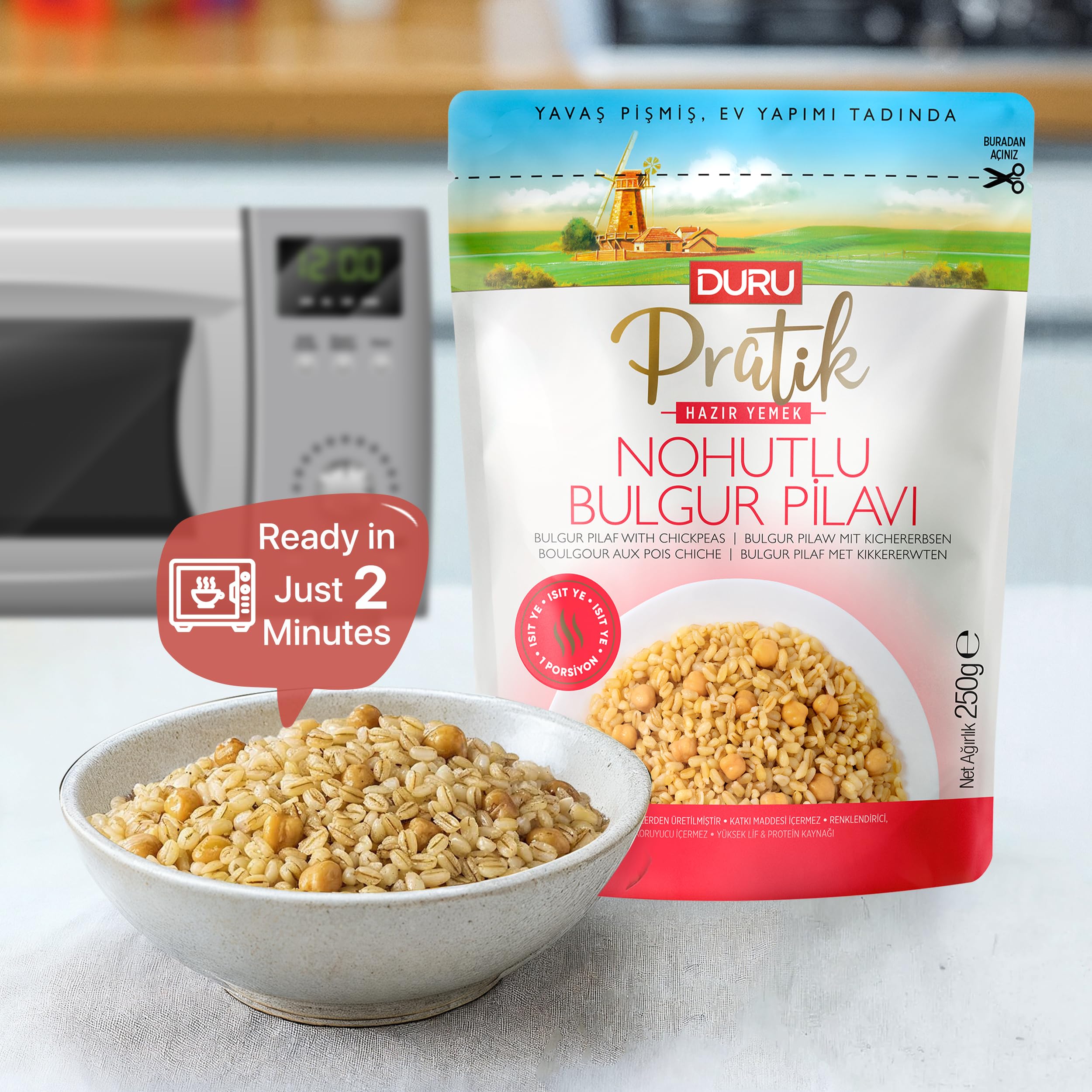 Duru Ready Bulgur Pilaf with Chickpeas, 250g x 4 Pack – Heat & Eat, 100% Natural, Non-GMO, BPA Free, No Trans Fat, No Preservatives
