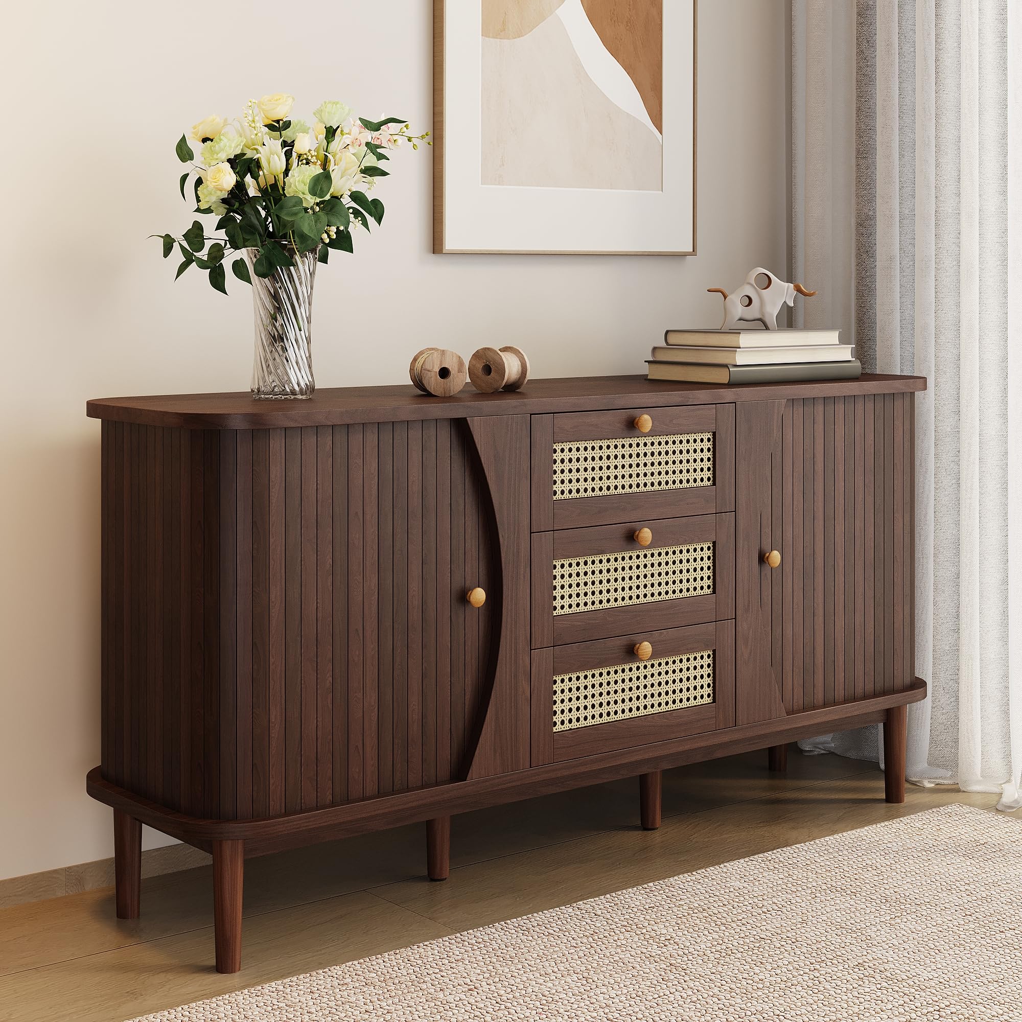 Commode Moderne Merax 3 Tiroirs - Portes Coulissantes - 117,5x39,5x80 Cm - Blanc/bois