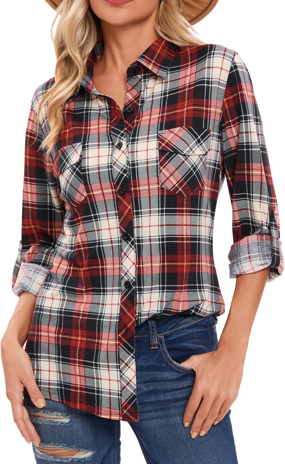 Oyamiki Womens Casual Cuffed Long Sleeve Boyfriend Button Down Plaid Flannel Shirt Tops - Image 3