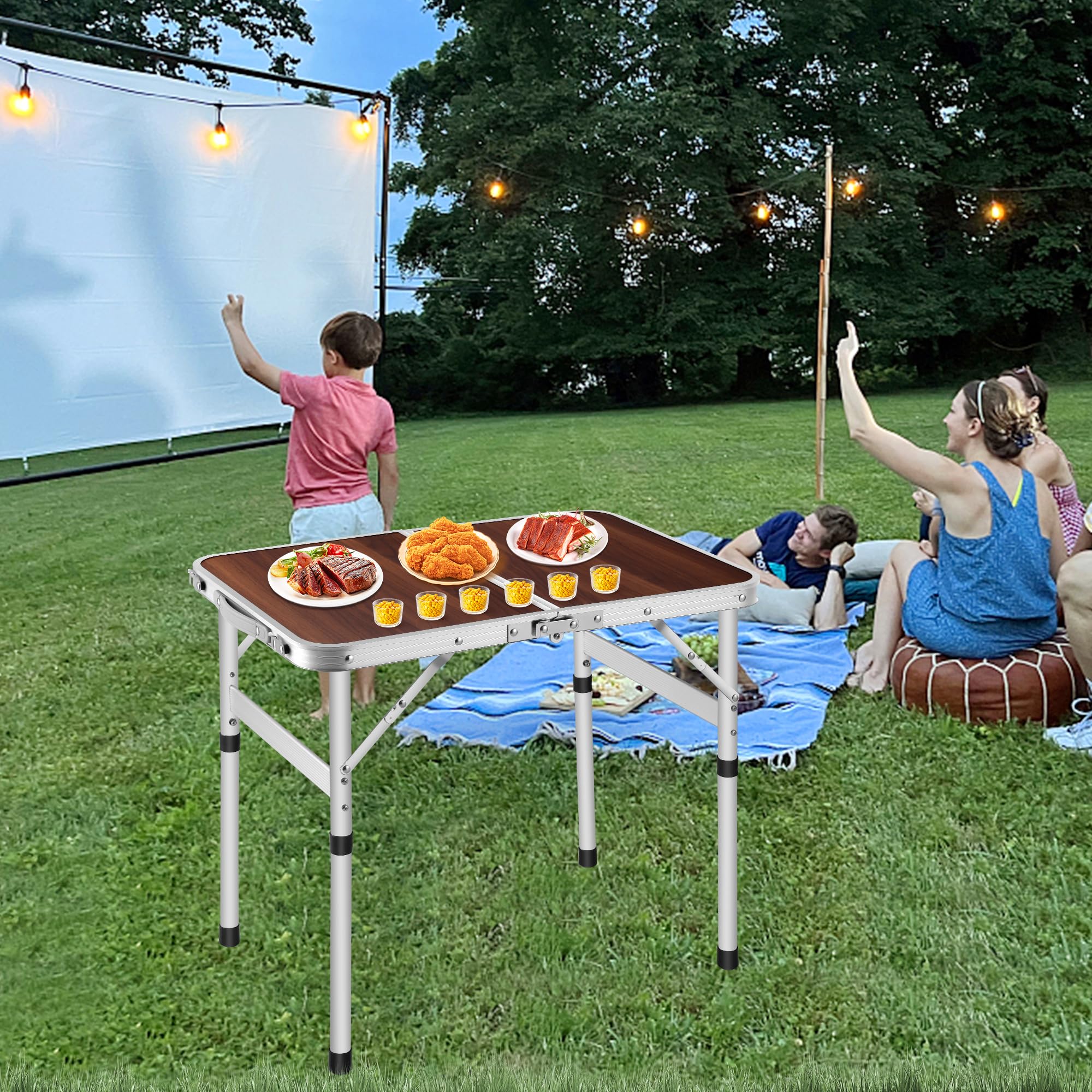 DMTVAL Portable Folding Picnic Table, Camping Table with 2 Adjustable Height and Carry Handle for Indoor, Party, Cooking, BBQ, etc.(Walnut Wood)