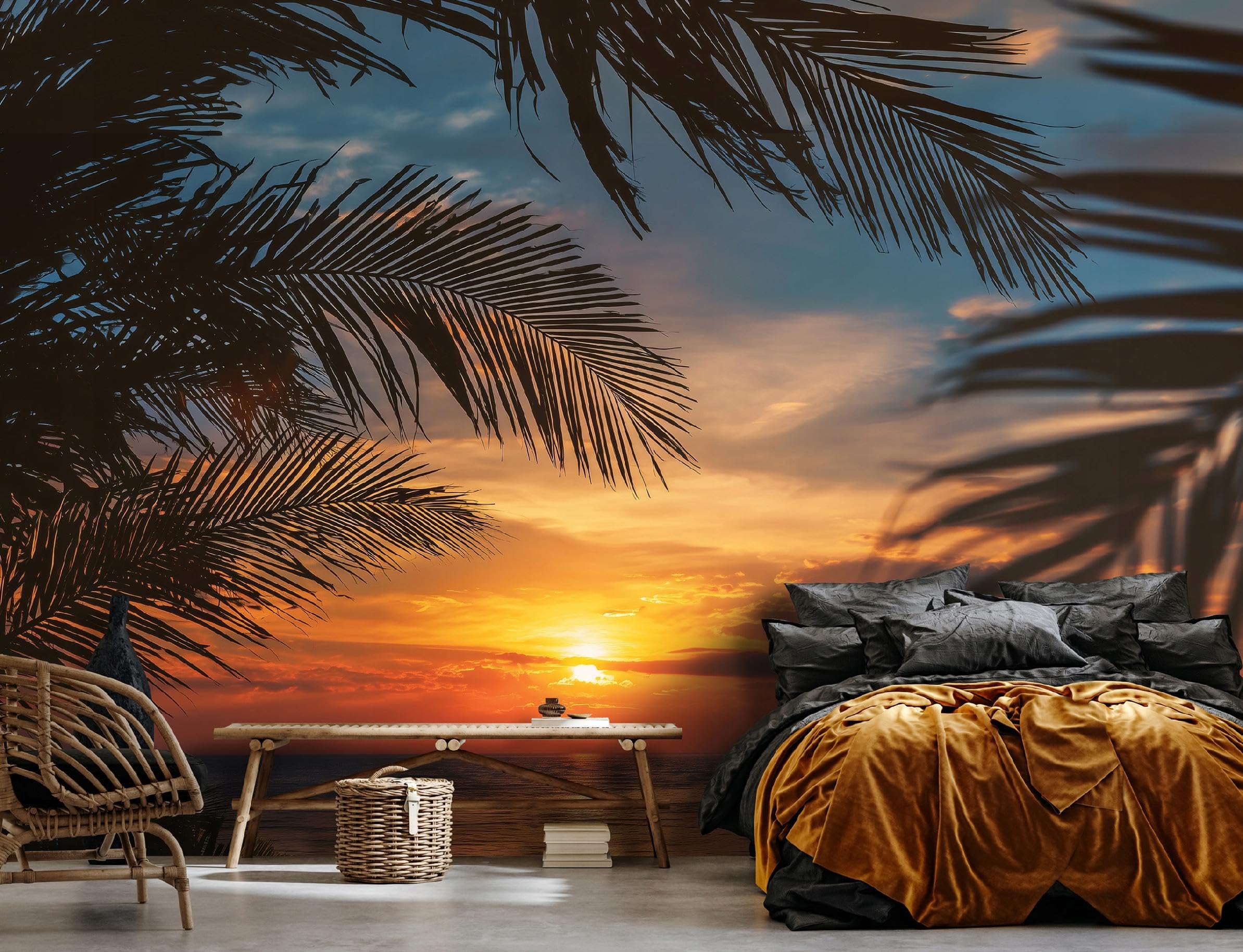 WallArena - Carta da parati fotografica - mare 300x210 cm - Murale fotografico - Per soggiorno e camera da letto - Effetto 3D - con Colla - spiaggia tramonto foglie natura