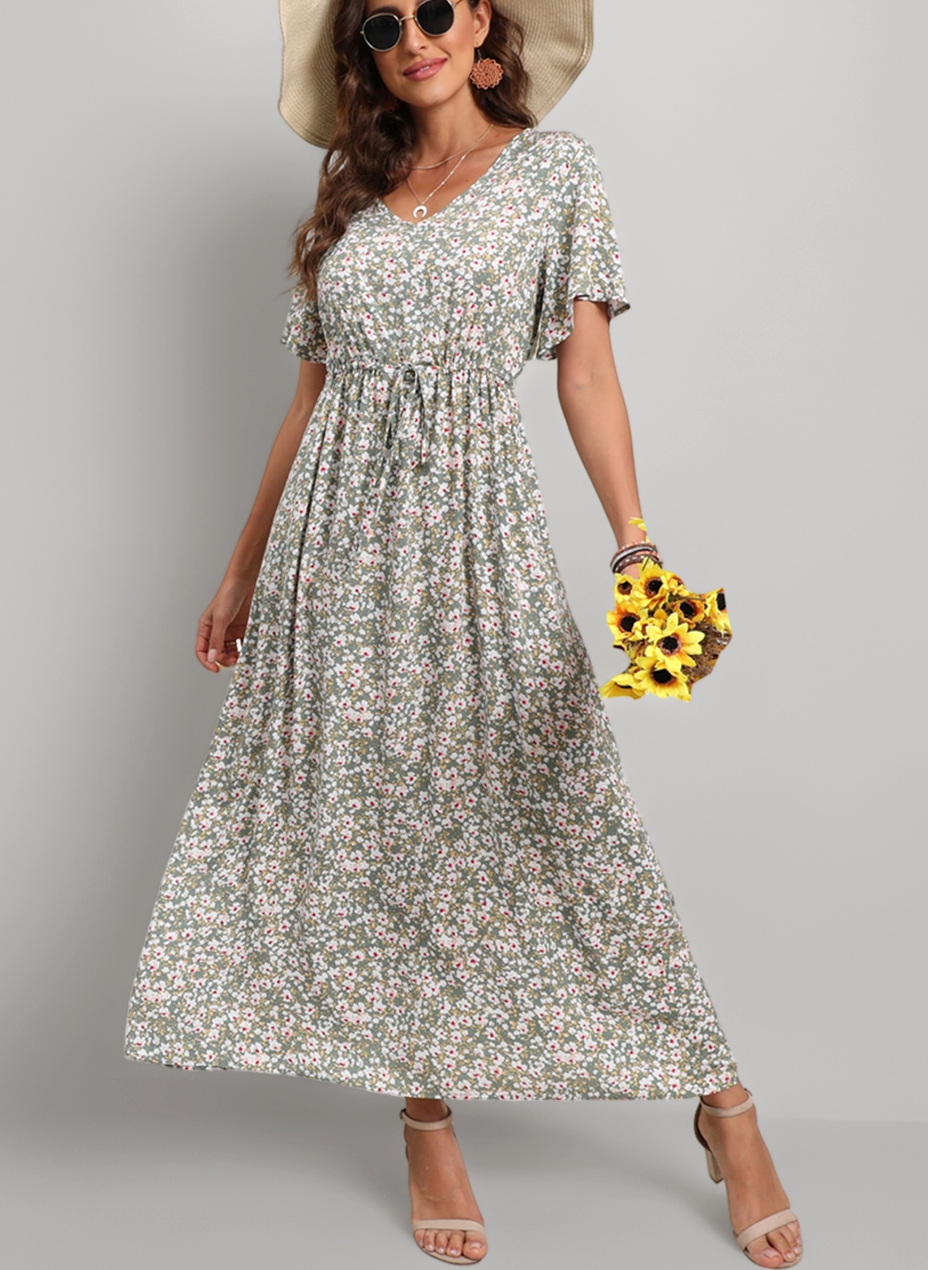 Womens Summer Maxi Boho Beach Dress Floral Print Dress V Neck Short Sleeve Drawstring High Waist Flowy Long Midi Dresses