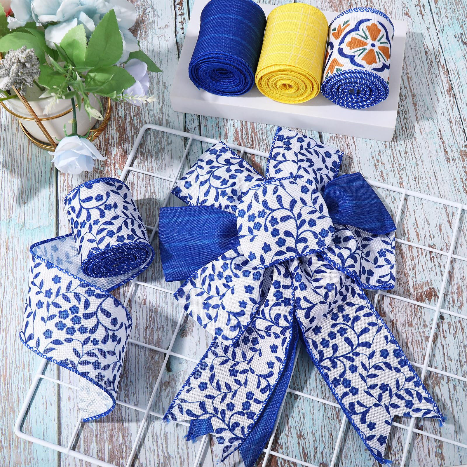 JarThenaAMCS Boho-Band mit Drahtrand, blau-gelb gestreift, kariert, Blumenblätter, Stoff, Bastelband für Hochzeit, Geburtstag, Brautparty, Kranz, Schleifen, 4 Rollen, 22 Meter