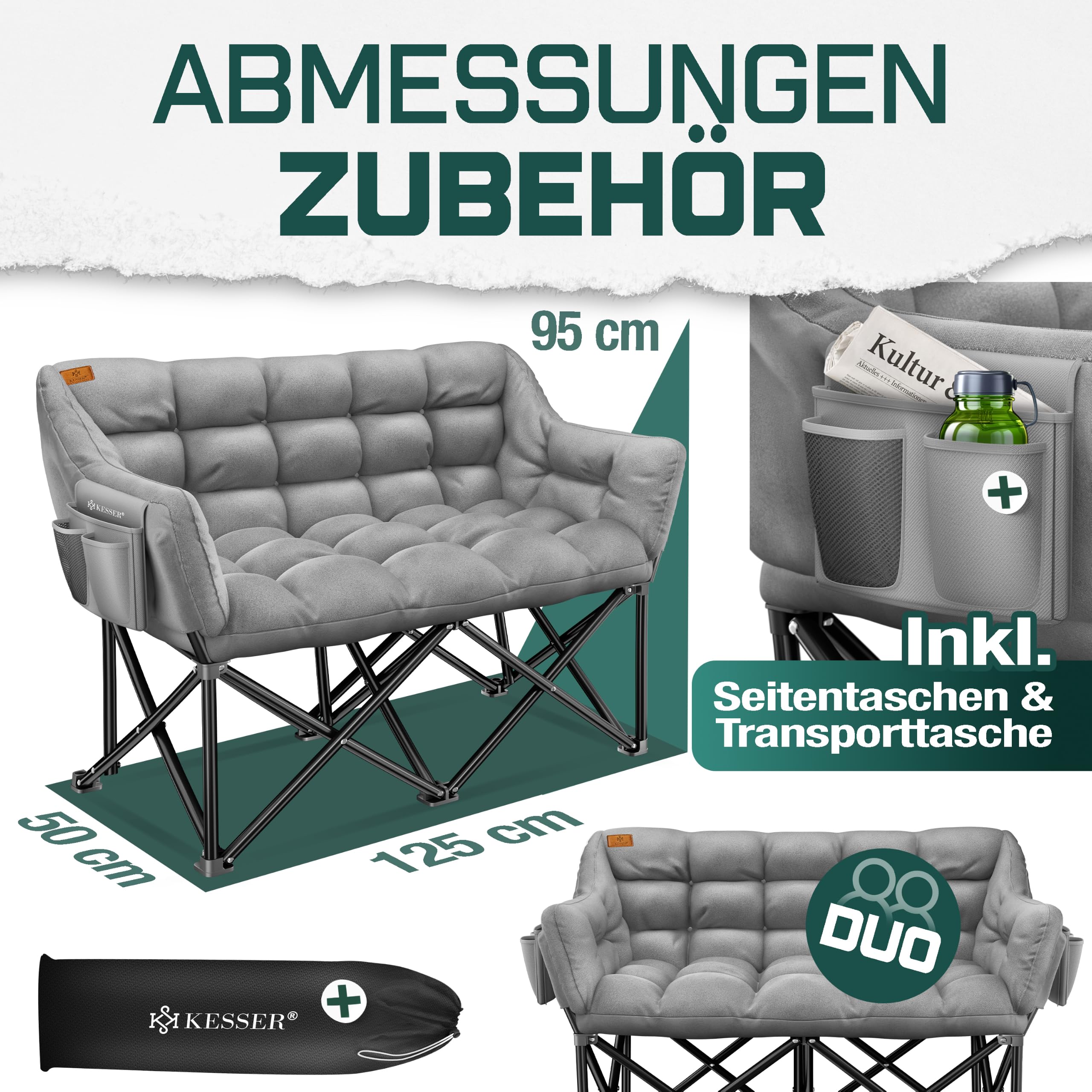 KESSER® Campingsofa faltbar, Campingcouch breit, gepolstert mit Seitentaschen & Tasche, Faltsofa Duo, Campingstuhl Indoor & Outdoor, Camping, Festival, Angeln & Garten