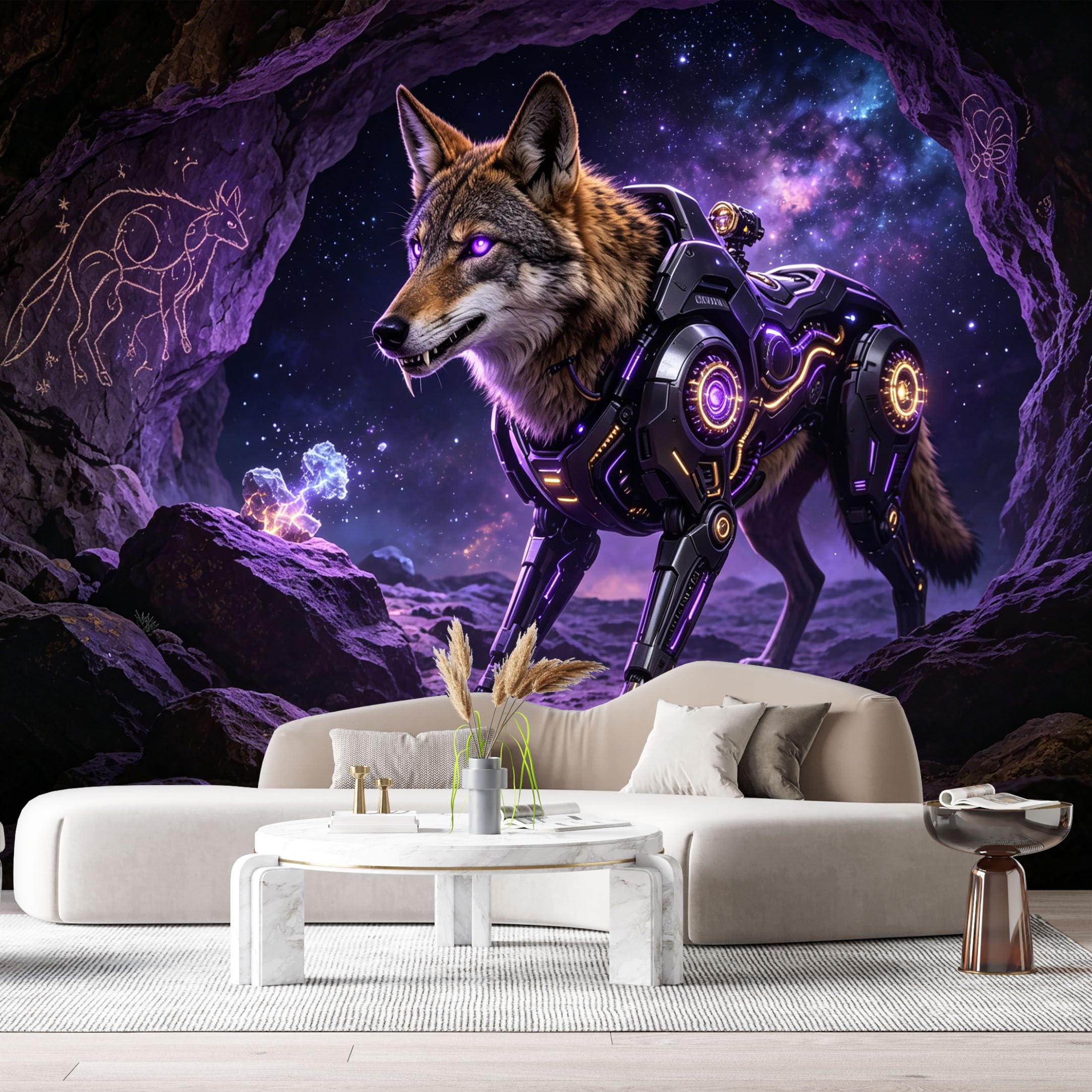 Custom Size Wall Mural Cyber Wolf Mech Neon SciFi Mechanical Armor Futuristic Beast Robotic Animal SelfAdhesive Art Prints Removable Large Wallpaper Esports Room Game Room Tenant Room Studio