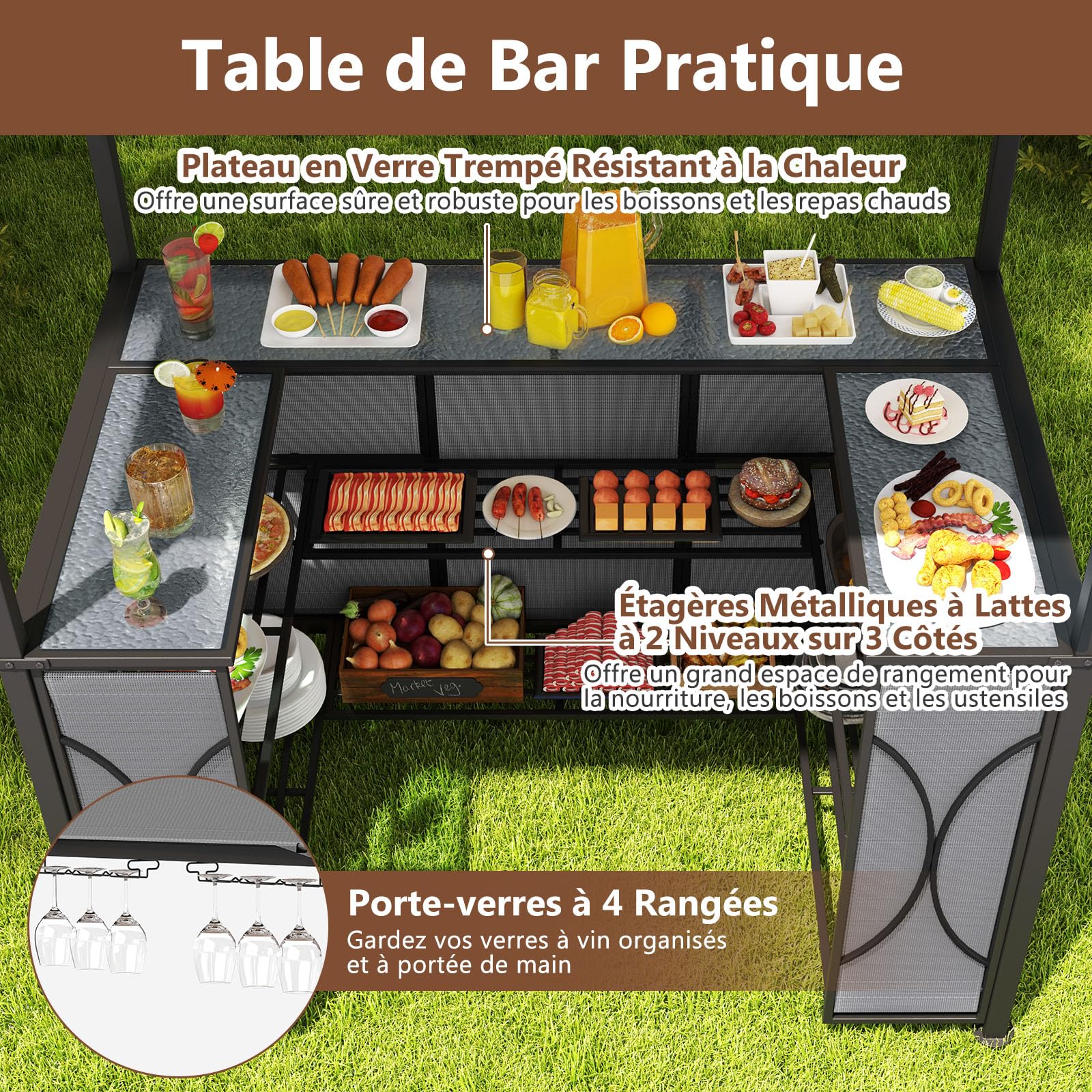 COSTWAY Tonnelle de Barbecue 3 Pcs avec 2 Tabourets de Bar, Abri avec Plateau en Verre Trempé Étagères en Métal Auvent à Double Toit, pour Jardin Cour, 194 x 121 x 242 cm (Gris)