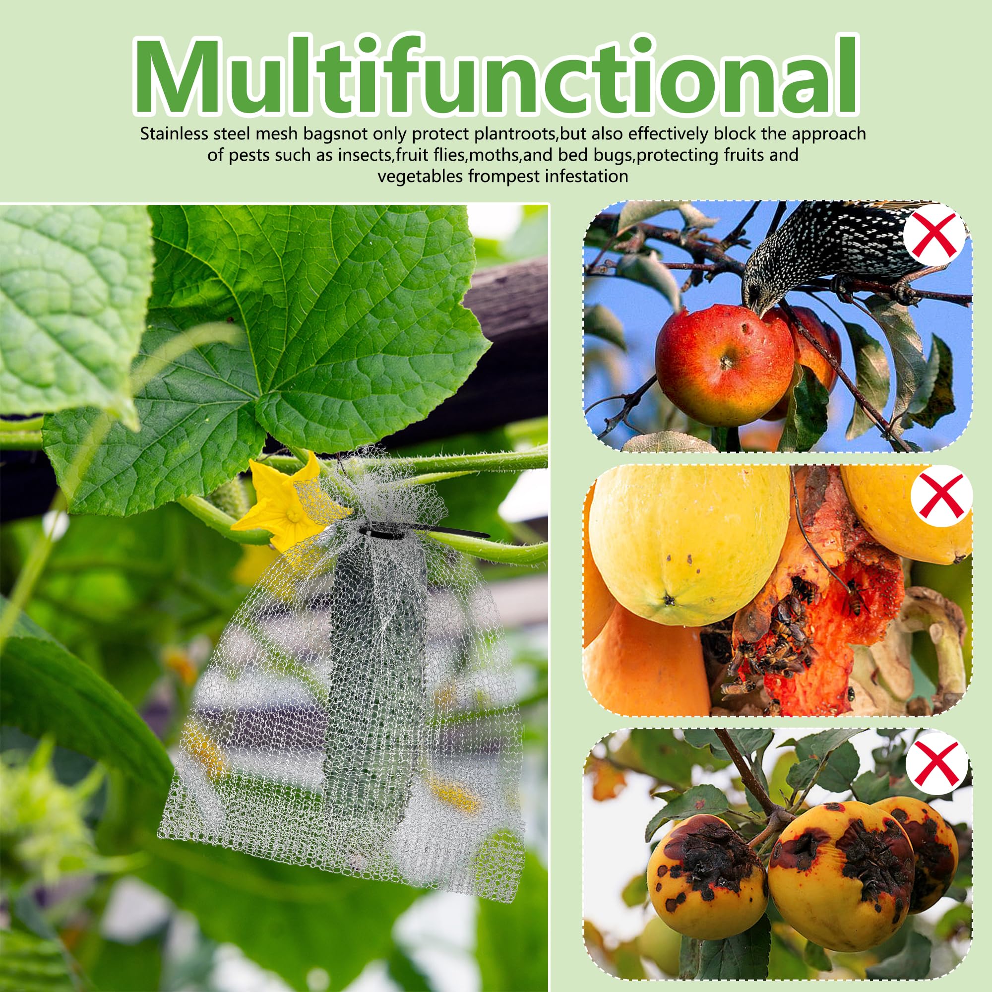 moonoom 20 bolsas de protección de frutas de acero inoxidable, 2 tamaños de bolsa de protección de frutas con cierre de cremallera, bolsas de alambre reutilizables para proteger frutas, bayas, raíces