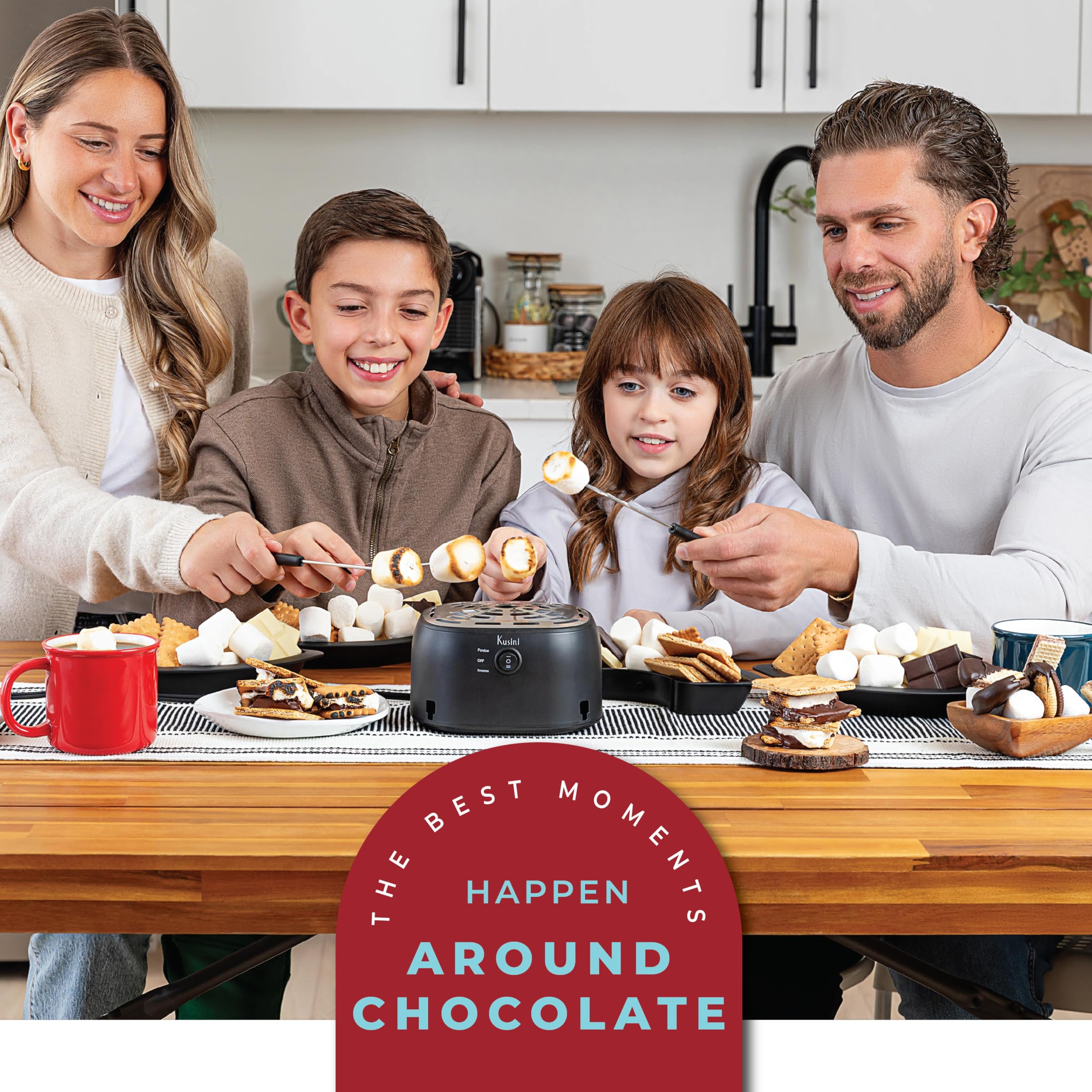 Kusini Set per fonduta elettrica 2 in 1 e kit da tavolo per interni con vassoi rimovibili e 4 spiedini, pentola per fonduta al cioccolato Smores Station, idea regalo unica per coppie, forniture per