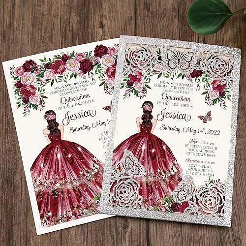 Miniatura 6 de DORIS HOME 50 invitaciones de mariposa azul para quinceañera, 15 años, dulces 16, señorita XV, tarjetas de invitación de membrillo cortado con láser